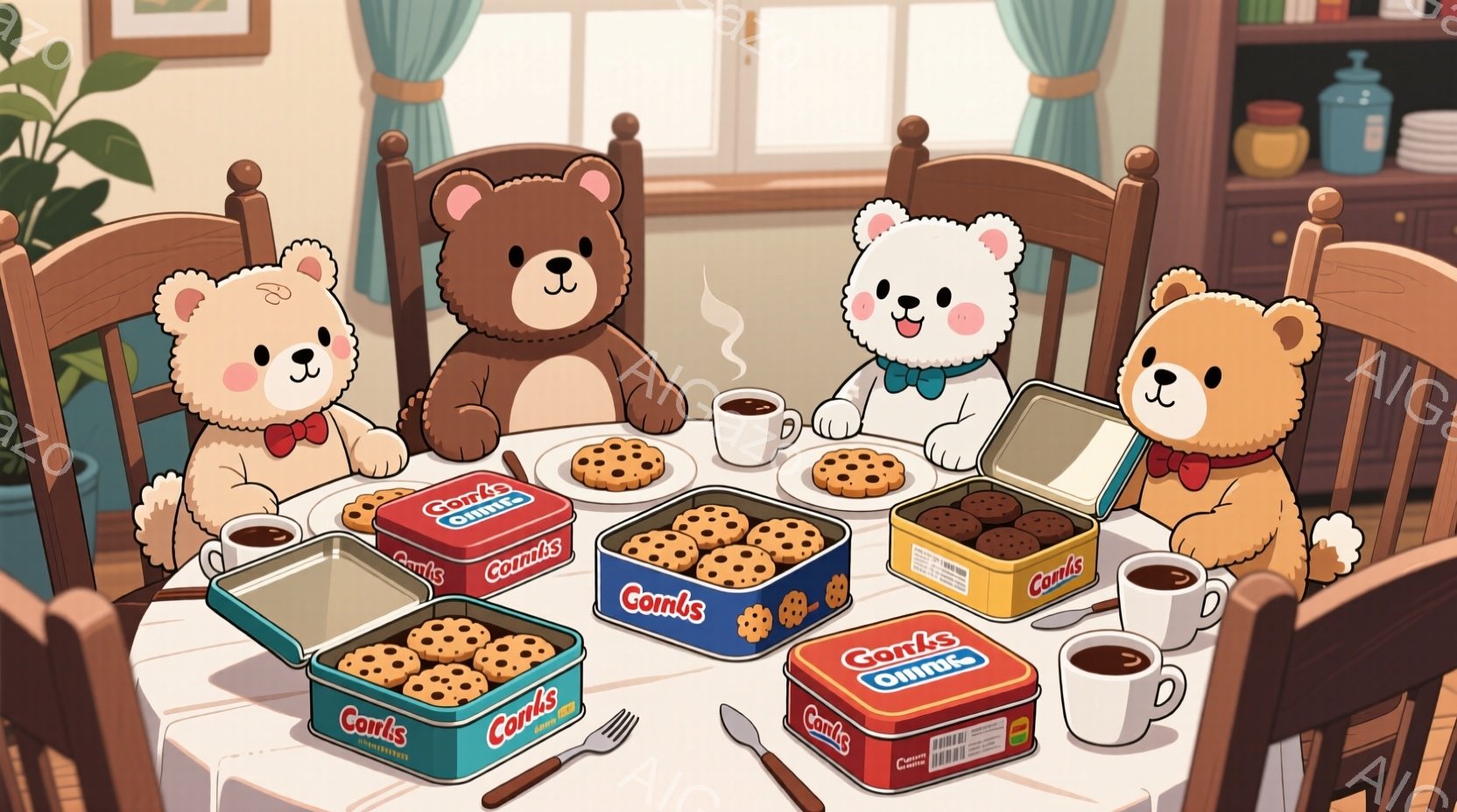 温かい雰囲気のダイニングルームで、クマのぬいぐるみが集まってティータイムを楽しんでいます。各クマは異なる色の服を着ており、赤いリボンや青い首輪がアクセントになっています。テーブルの上には、クッキーが入ったカラフルな缶が並び、クマたちはそれぞれクッキーを手にしたり、缶からクッキーを取り出そうとしています。