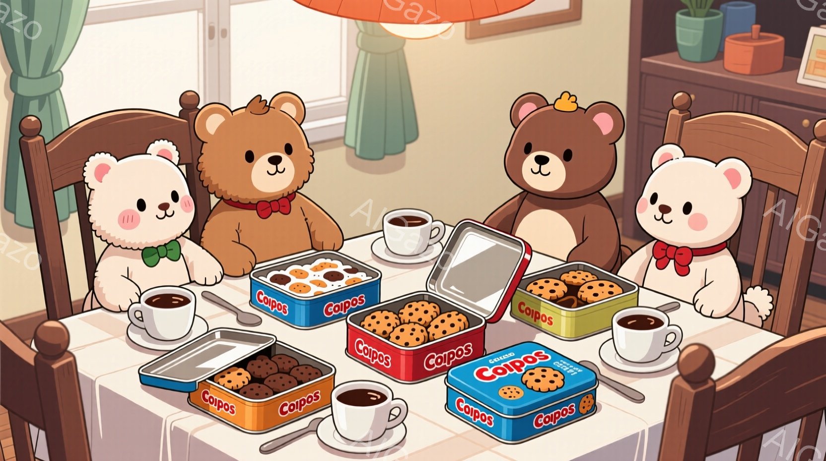 明るい食卓を囲んで、可愛らしいテディベアたちがクッキーとコーヒーを楽しんでいます。それぞれのクマは赤いリボンで首元を飾り、表情は穏やかで、リラックスした雰囲気が漂っています。背景には、木製のキャビネットや植物があり、温かく心地よい空間が演出されています。