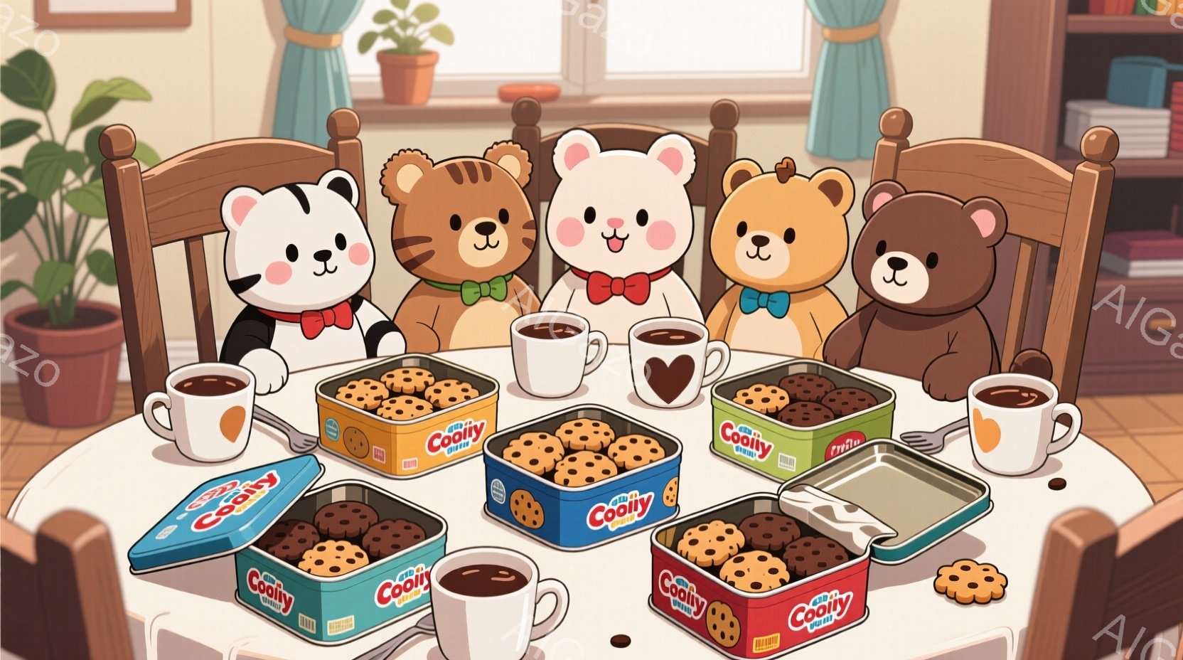 暖炉のある居心地の良い部屋で、可愛らしいテディベアたちが円卓を囲んでティータイムを楽しんでいます。それぞれ赤いリボンや蝶ネクタイを身に着け、お皿にはクッキーが詰まった金属製の缶が置かれ、熱い飲み物がカップに入っています。温かく穏やかな雰囲気で、くつろぎの時間を過ごしている様子が伝わってきます。