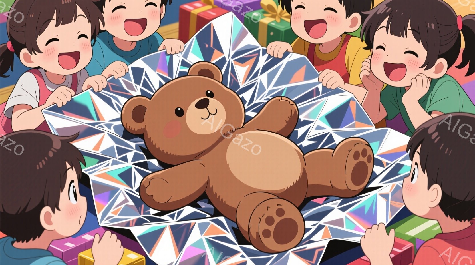 茶色のテディベアが、きらめく銀色の包装紙の中心に横たわっています。周りには、短い茶色の髪で、頬を赤らめ、笑顔を見せる幼い子供たちが集まっており、テディベアを囲んでいます。背景には、カラフルなギフトボッ - AI生成フリー素材