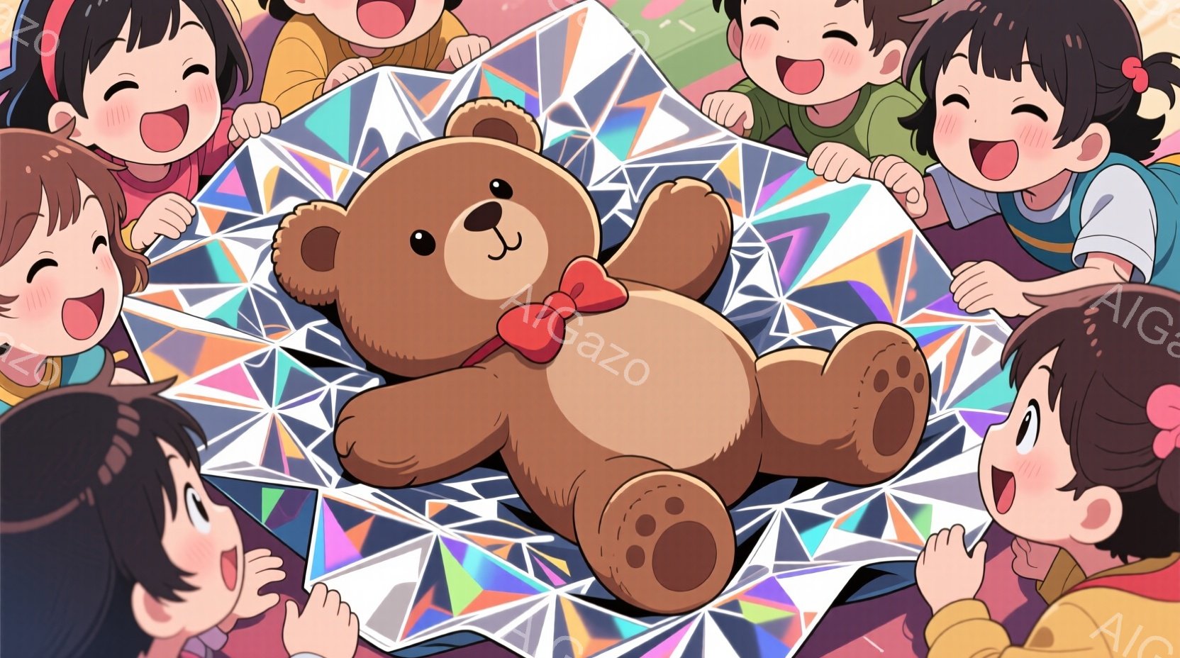 複数の幼い子供たちが、輝く色の背景に横たわる大きなテディベアを取り囲んでいます。子供たちは皆、短い茶色の髪で、頬を赤らめて楽しそうに笑っています。背景は、様々な色合いが混ざり合った、きらめく幾何学模様で、明るく陽気な雰囲気を醸し出しています。