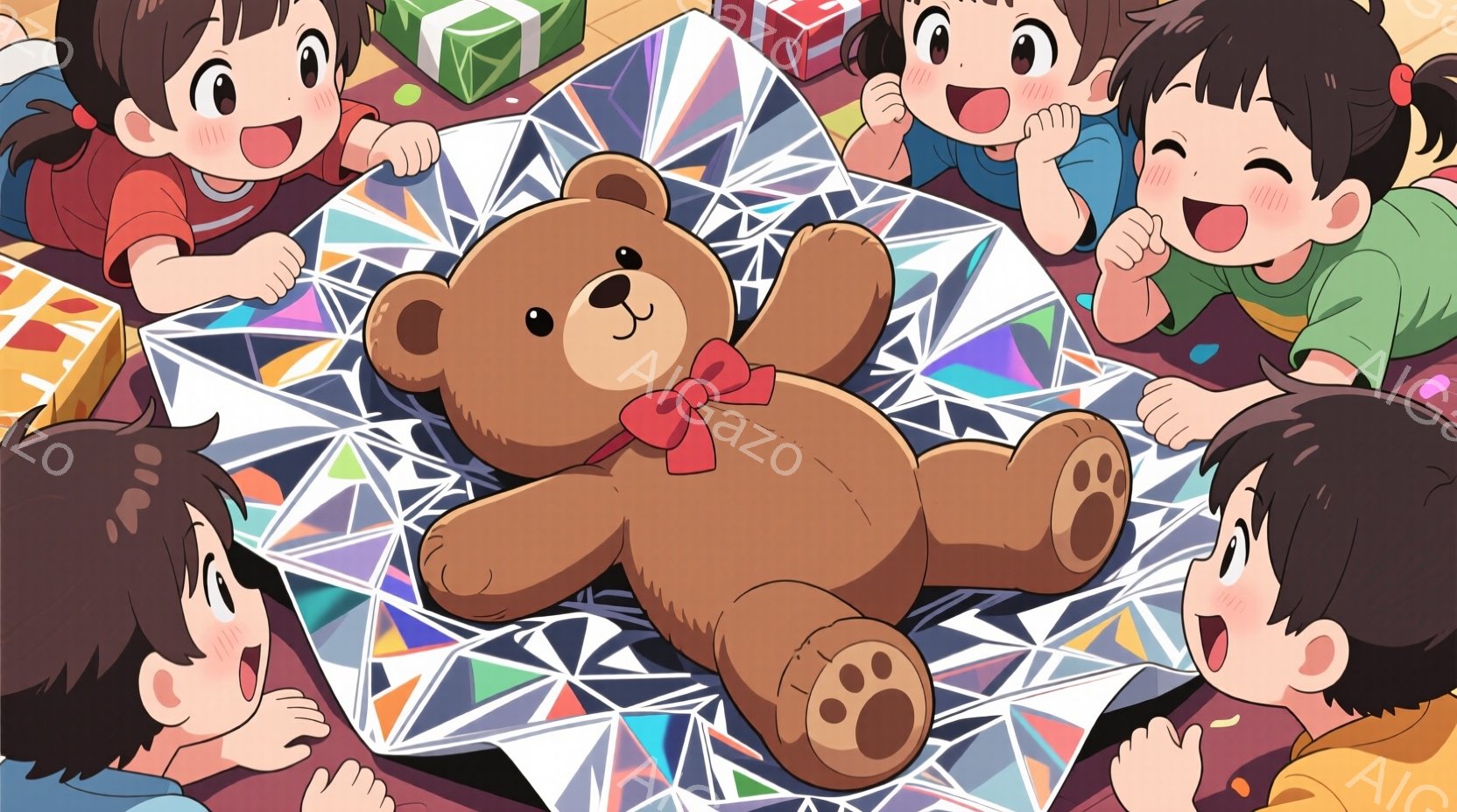 複数の子供たちが、キラキラと光るプレゼントの包装紙の上に横たわる大きなテディベアを囲んでいます。子供たちは皆、短い茶色の髪をしており、頬を赤らめ、嬉しそうな表情で手を叩いて喜んでいます。背景には、様々 - AI生成フリー素材