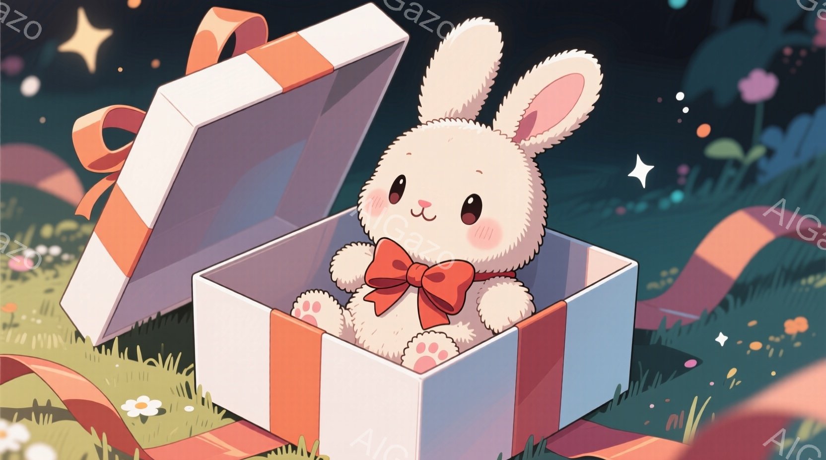 白い毛並みで、赤いリボンを付けたふわふわのウサギが、開いた白いギフトボックスの中に座っています。ウサギは丸い目をしていて、ほほえんでおり、愛らしい表情をしています。背景は緑の草と小さな花々で覆われており、キラキラと輝く星が散りばめられて、夢のような雰囲気を作り出しています。