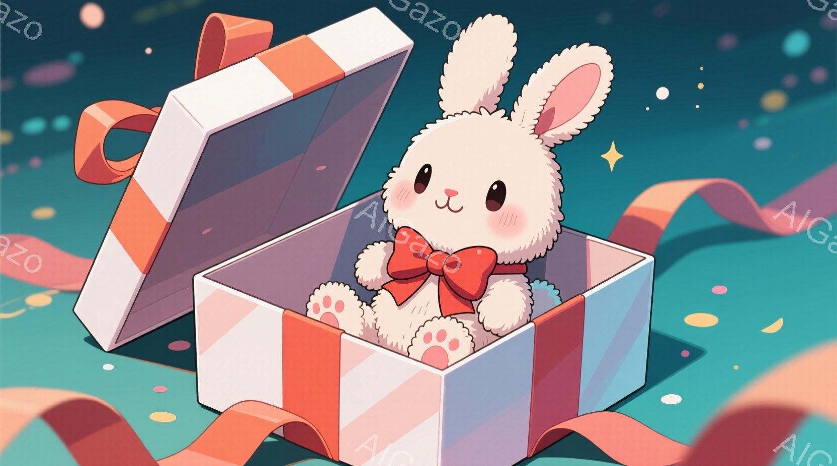 白くてふわふわしたウサギが、赤いリボンで結ばれた開いたギフトボックスの中に座っています。ウサギは赤い蝶ネクタイをつけており、ほほえんでいてとても可愛らしい表情をしています。背景には、金色の紙吹雪が散ら - AI生成フリー素材