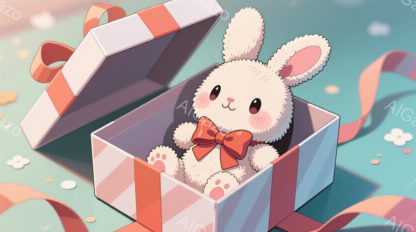 ふわふわの白いウサギが、赤いリボンと内側がピンク色のギフトボックスの中に座っています。ウサギは赤い蝶結びのリボンをつけており、ほほえんでいて、とても可愛らしい表情をしています。背景には、水色の背景と散 - AI生成フリー素材