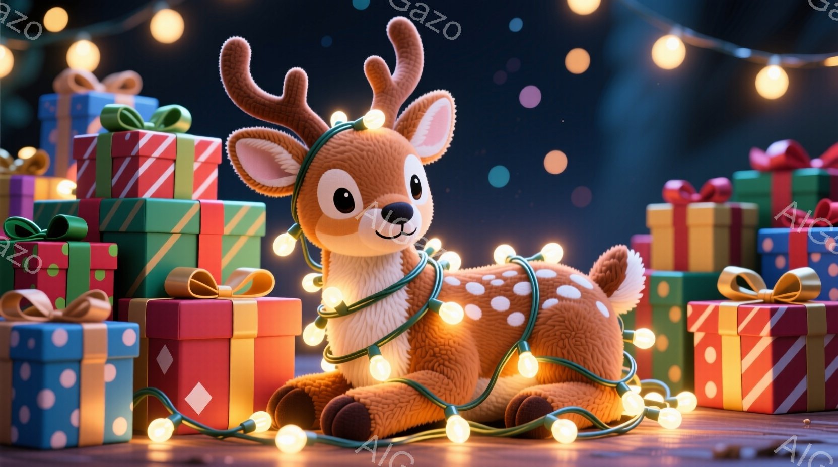 愛らしい子鹿が、色とりどりのプレゼントの山に囲まれて横たわっています。鹿はクリスマスの電飾で飾り付けられ、暖かく優しい光を放っています。背景には木製の床が見え、全体的に温かく、お祝いムードにあふれた雰囲気です。
