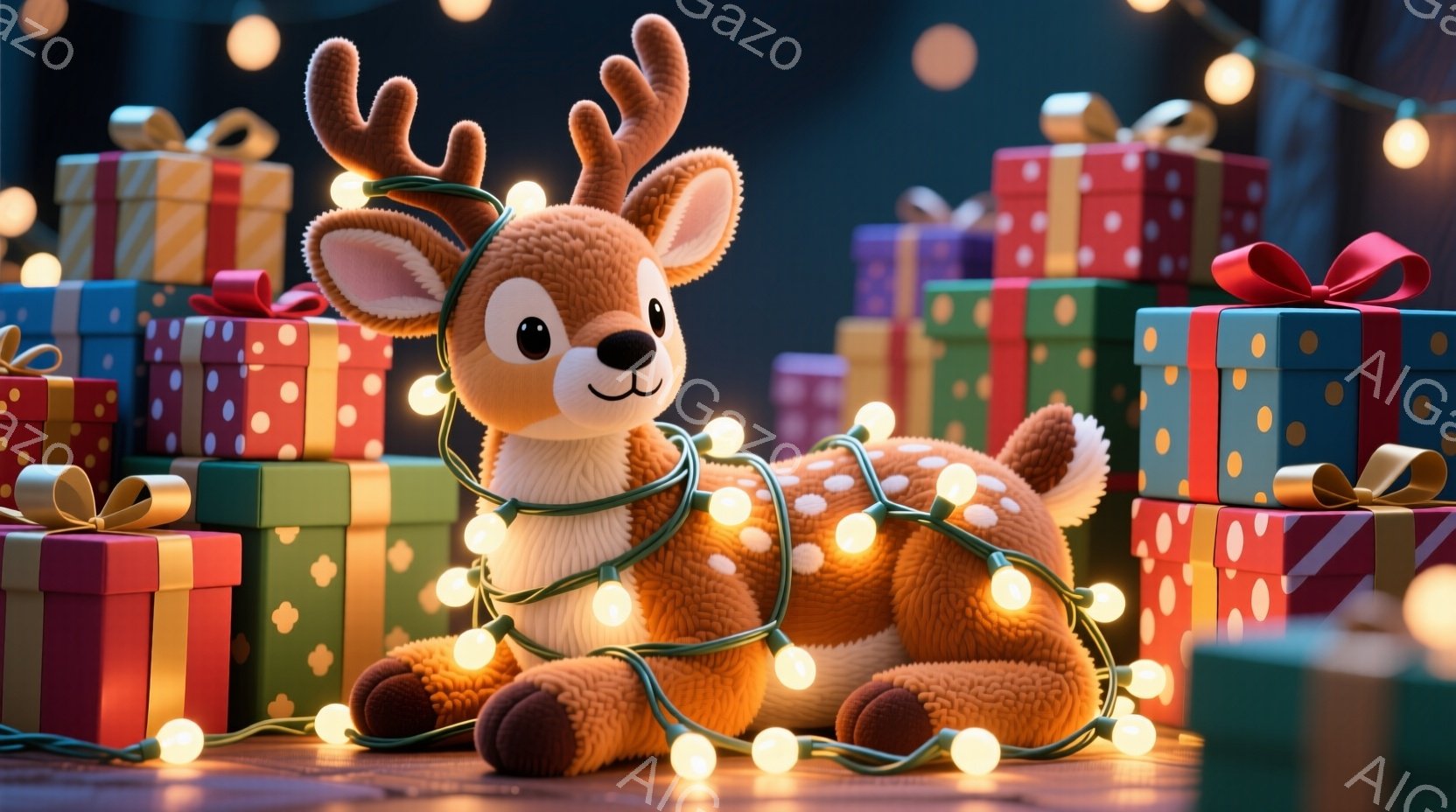温かい光に照らされた、愛らしい子鹿がプレゼントの山に囲まれています。毛並みはふっくらとしており、首にはきらめく電飾が巻き付けられています。背景には様々な色と模様のギフトボックスが積み重ねられ、クリスマスの温かく華やかな雰囲気を醸し出しています。