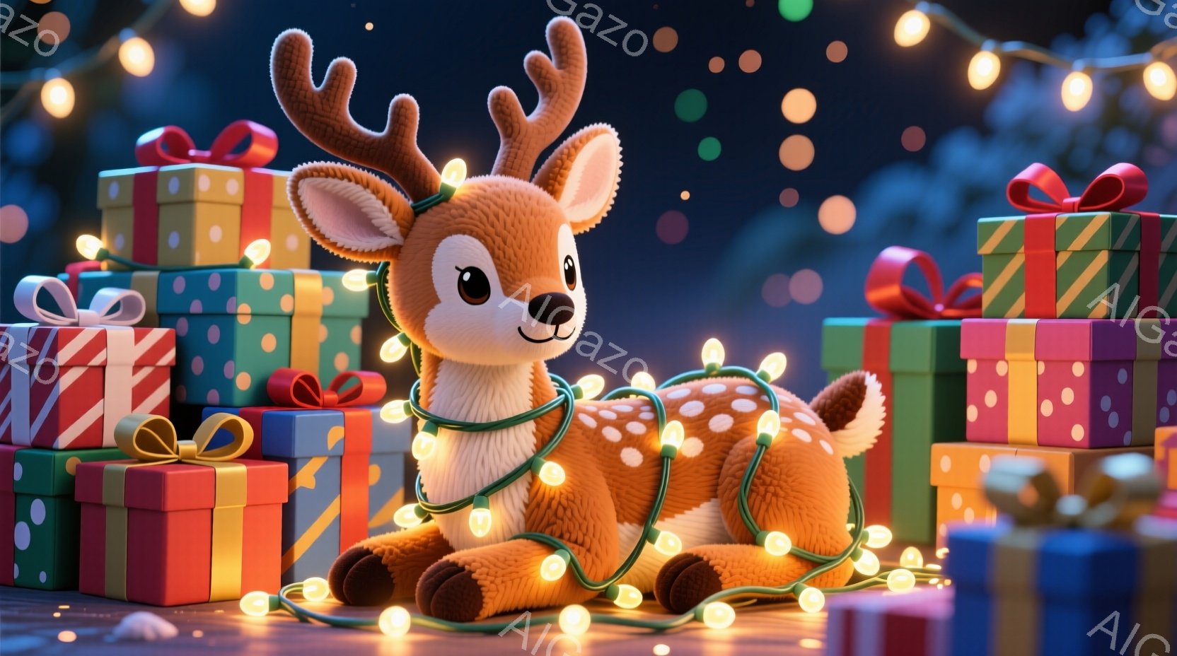 鮮やかなクリスマスプレゼントの山に囲まれた、愛らしい子鹿が描かれています。子鹿はクリスマスのイルミネーションライトで飾り付けられ、リラックスした姿勢で座っており、つぶらな瞳と優しい表情で見る人を魅了します。背景には、ぼやけた光の玉と積み重ねられたプレゼントが散りばめられ、暖かくお祝いムードに満ちた雰囲気を醸し出しています。