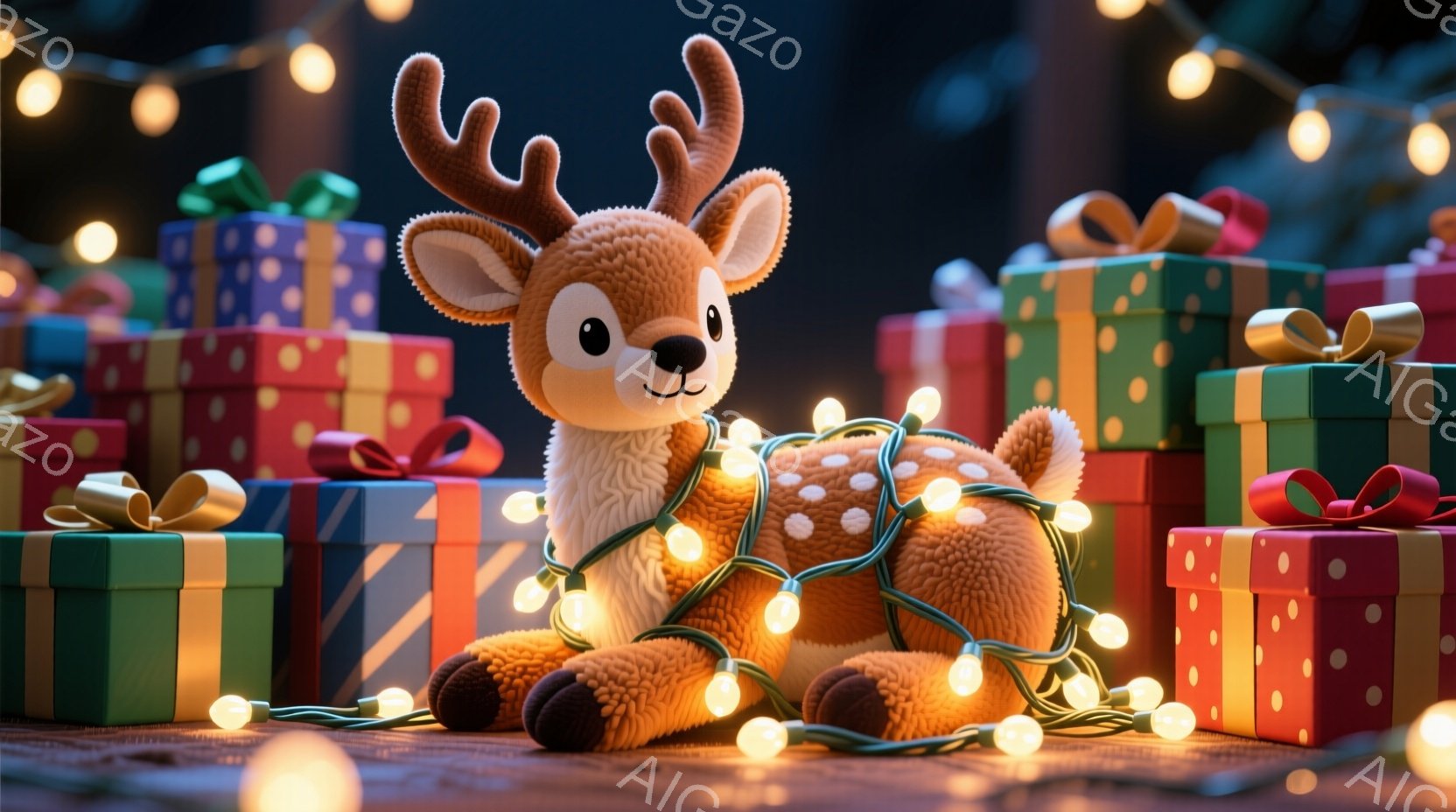 可愛らしい子鹿が、色とりどりのプレゼントの山の中に座っており、暖かい光のイルミネーションがその周りを飾り立てています。子鹿はつぶらな瞳で穏やかな表情を浮かべ、リラックスした姿勢で周囲を見渡しているようです。背景は暗く、プレゼントとイルミネーションの光が際立ち、温かく幻想的なクリスマスの雰囲気を醸し出しています。
