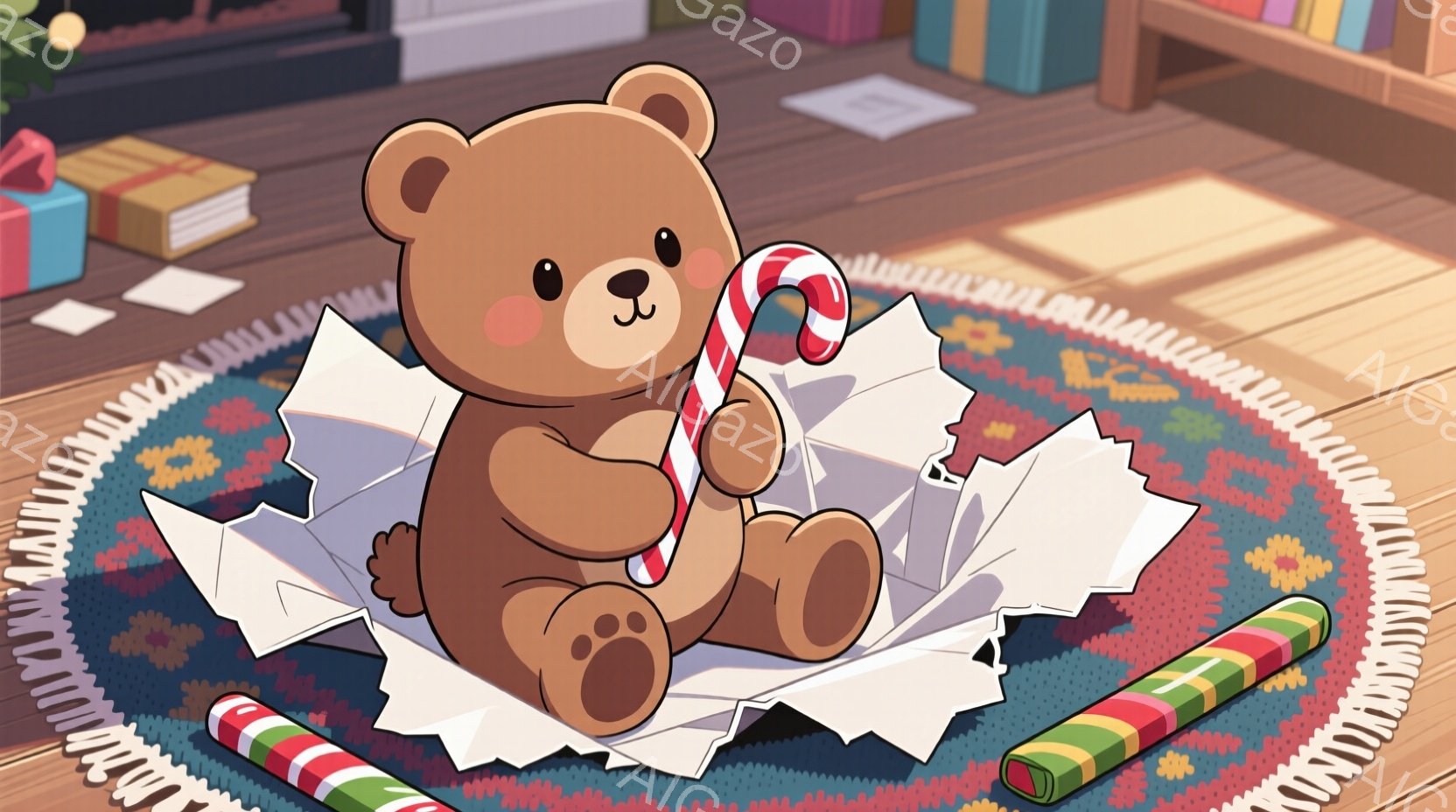茶色のテディベアが、バラバラになった包装紙の中に座っています。右手にキャンディケーンを持っており、可愛らしい表情をしています。背景には木製の床とカラフルな円形のラグ、そしてプレゼントの箱が見え、クリス - AI生成フリー素材