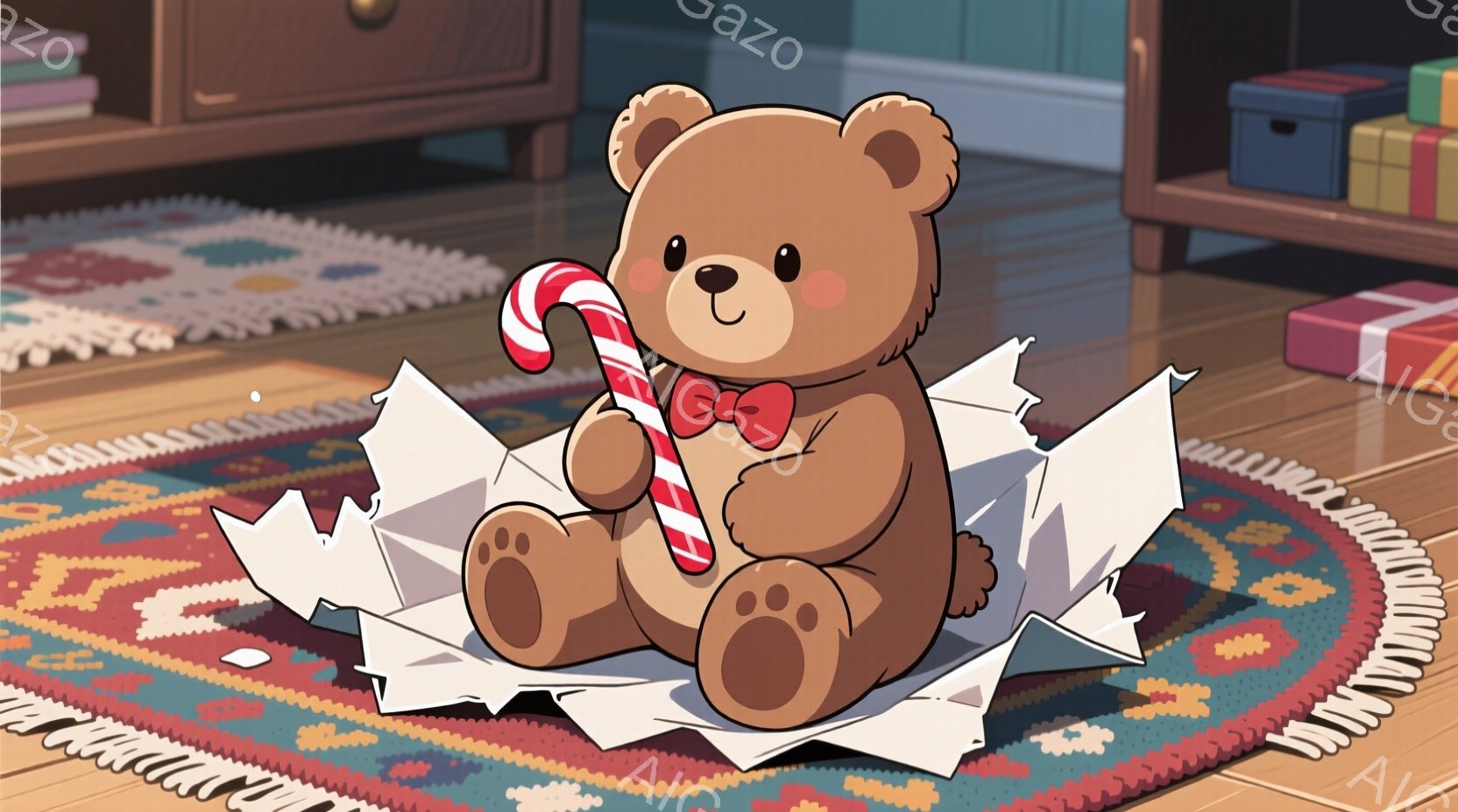 茶色のテディベアが、開けられたプレゼントの包装紙の上に座っています。赤いリボンを首に巻き、片手にキャンディケーンを持っています。背景には木製のキャビネットと敷物が敷かれた床があり、温かく、お祝いの雰囲気が漂っています。