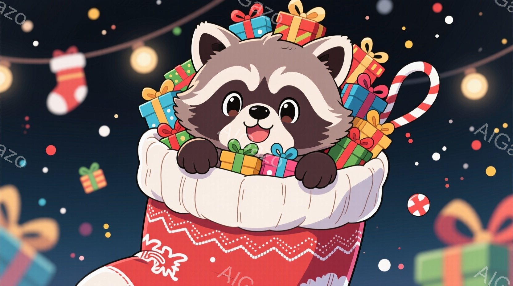 大きな赤いクリスマスストッキングの中から、愛らしいアライグマが顔を出しています。アライグマは小さなプレゼントの箱に囲まれ、口を開けて楽しそうに微笑んでいます。背景には、クリスマスオーナメントやカラフルな光が散りばめられ、暖かくお祝いの雰囲気です。