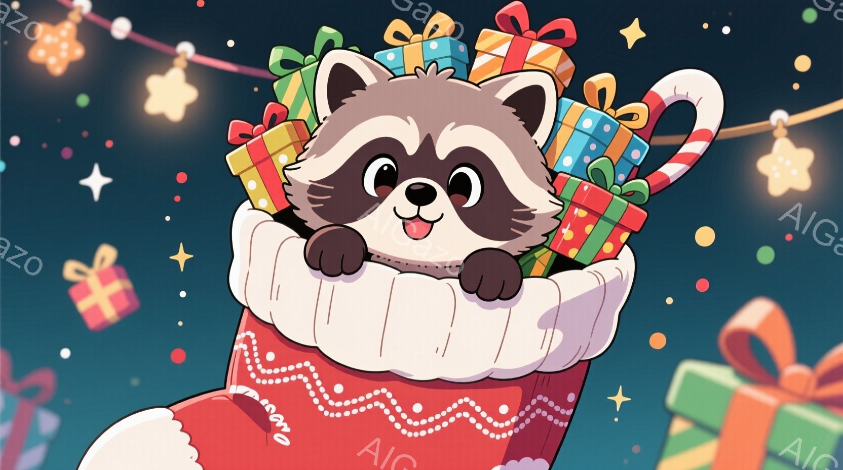 赤いクリスマスストッキングの中から、可愛らしいアライグマが顔を出しています。アライグマは嬉しそうな表情で、頭にはカラフルなリボンとプレゼントの山が飾られています。背景にはキラキラと輝く星やプレゼントが散りばめられており、全体的に暖かく、お祝いの雰囲気が漂っています。