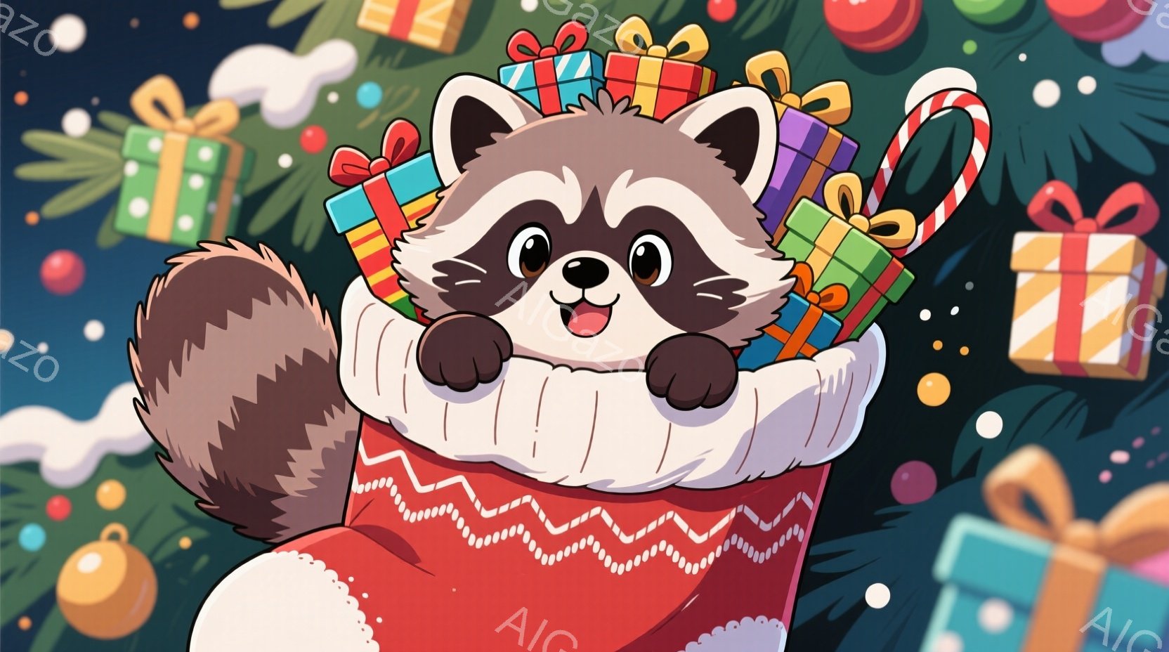 赤いクリスマスストッキングから、愛らしいアライグマが顔を出しています。アライグマは嬉しそうな表情で、プレゼントやキャンディケーンで満たされたストッキングの中から少し身を乗り出しています。背景には、緑色の木々と、色とりどりのクリスマスオーナメントや雪片が散りばめられており、暖かくお祝いムードに満ちています。