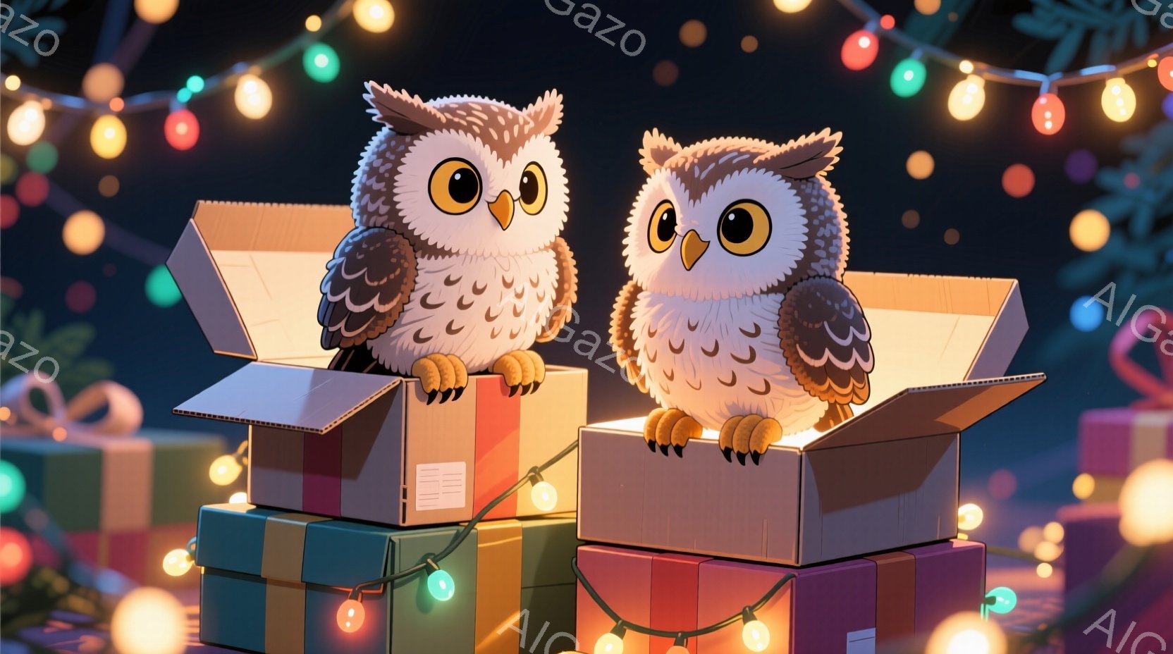 明るい背景に、箱の中に座っている可愛らしいフクロウが二羽描かれています。フクロウは大きな目とオレンジ色のくちばしを持ち、箱はそれぞれプレゼントのようにラッピングされています。背景にはキラキラと光るカラフルなライトが飾られ、全体的に温かくお祝いの雰囲気が漂っています。
