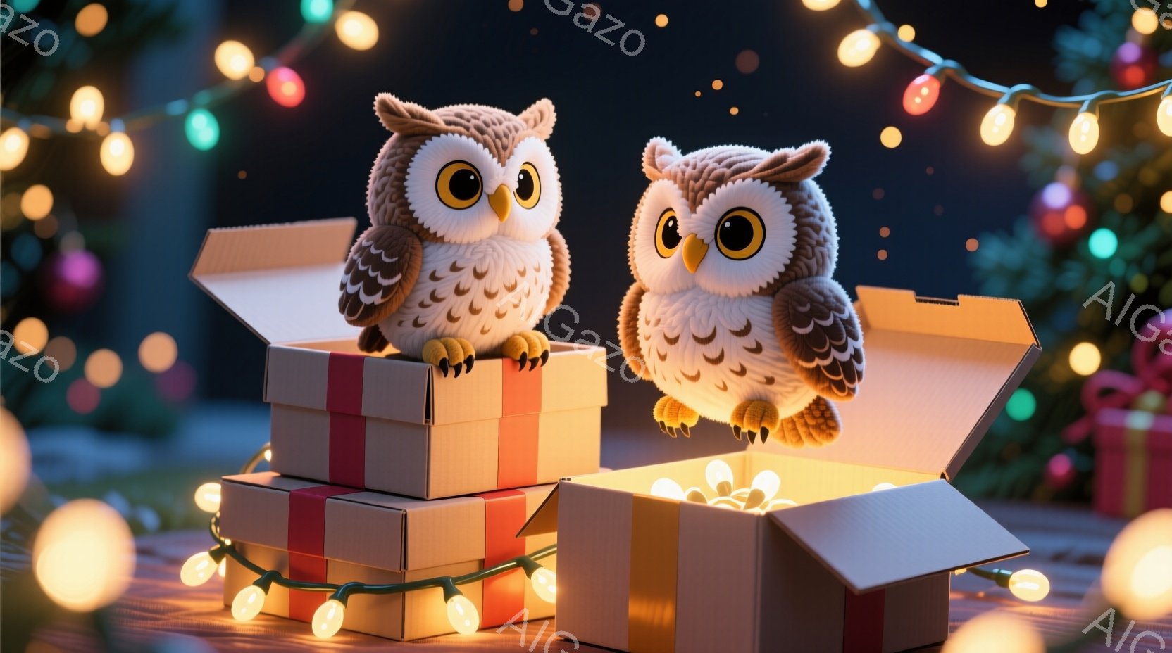 プレゼントボックスの上に座った可愛らしいフクロウが2羽描かれています。フクロウたちは大きな目で見つめ、その表情は少し好奇心旺盛です。背景には、キラキラと光るクリスマスライトとプレゼントボックスが並び、 - AI生成フリー素材