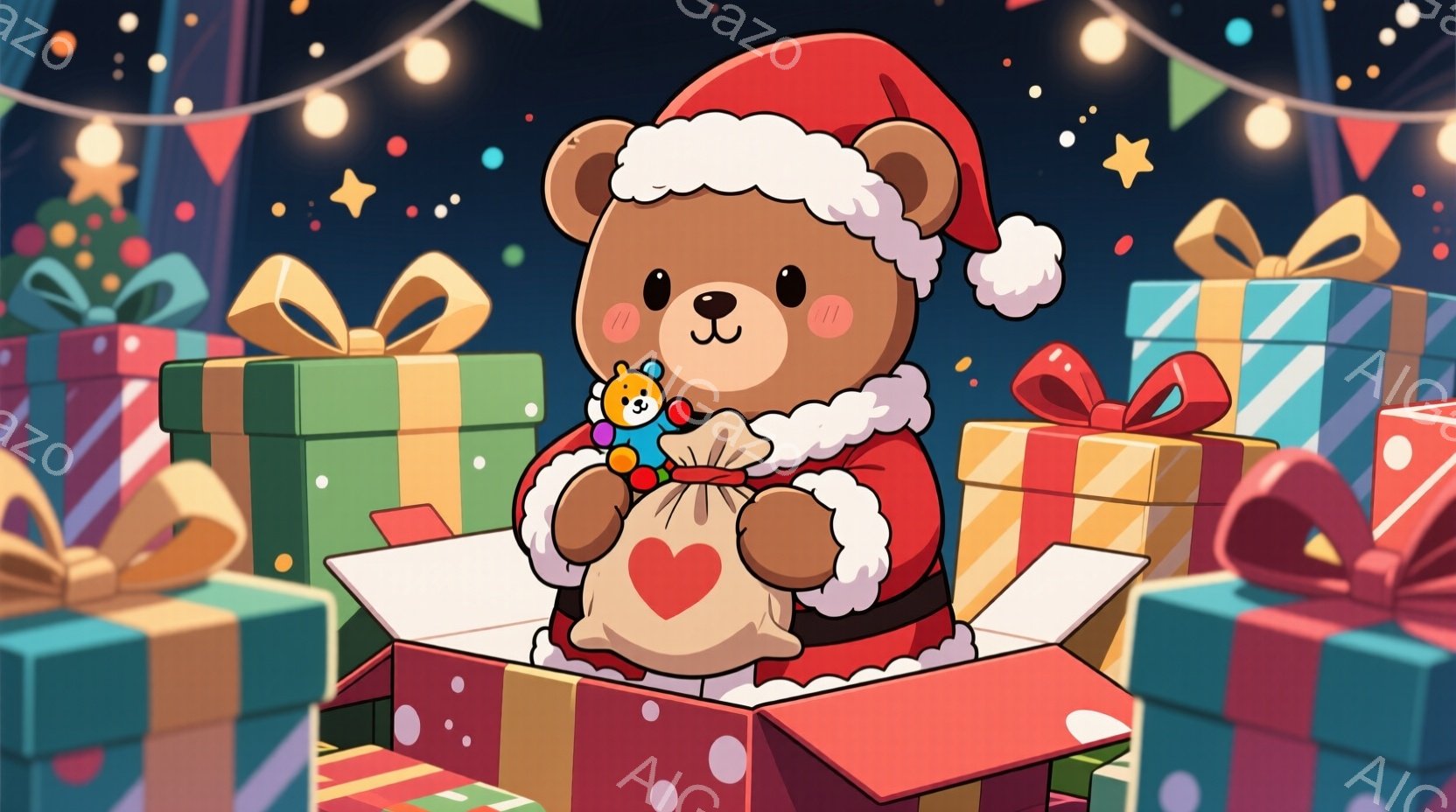 茶色のクマのサンタクロースが、赤いプレゼントボックスから顔を出しています。クマは赤い帽子と衣装を着ており、クリーム色の縁がついています。背景には、様々な色のプレゼントボックスが積み重ねられ、キラキラと - AI生成フリー素材
