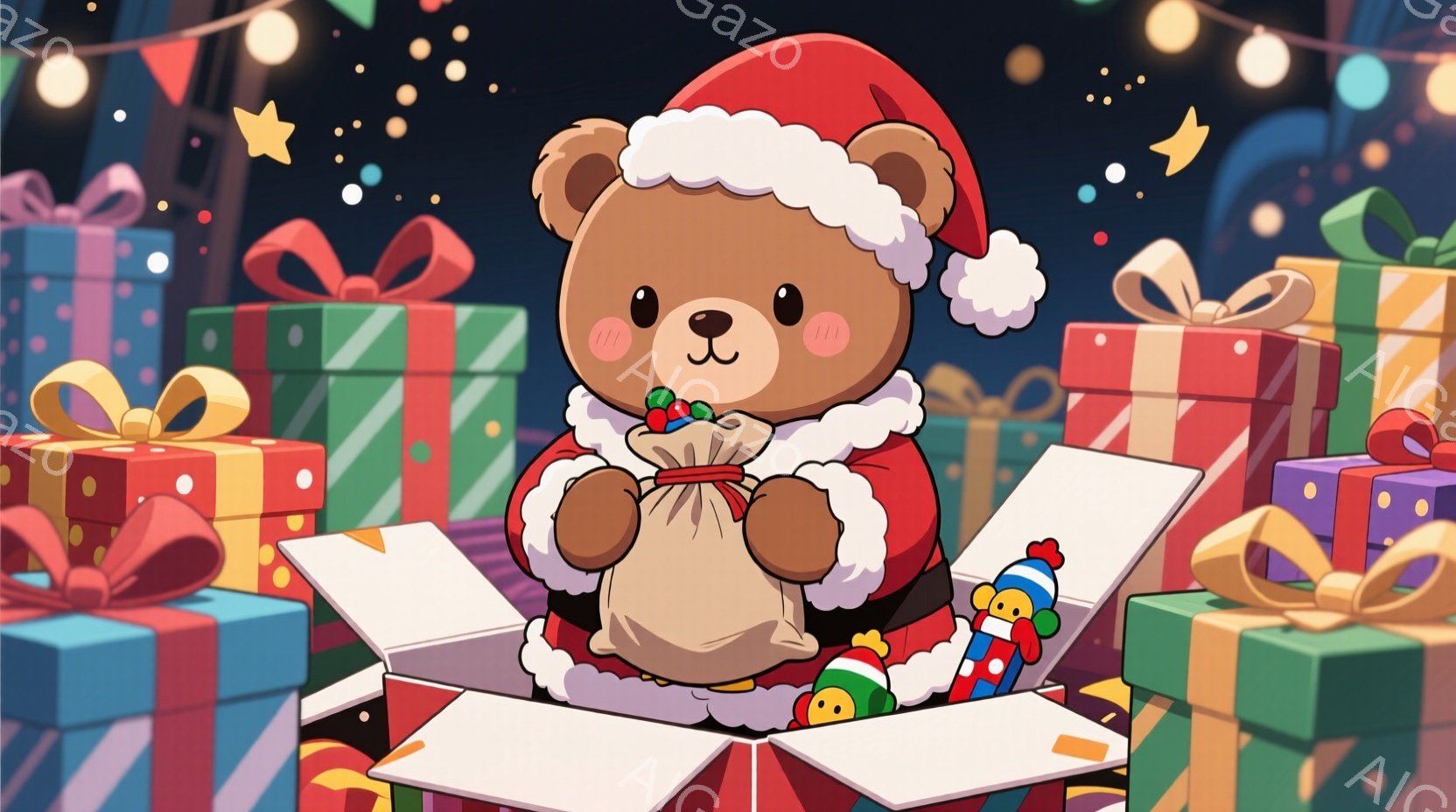 茶色のクマがサンタクロースの衣装を着て、開いたプレゼントボックスからプレゼントをいくつか取り出そうとしています。クマは赤いサンタの帽子と衣装を着ており、頬は赤く、幸せそうな表情をしています。背景には、 - AI生成フリー素材