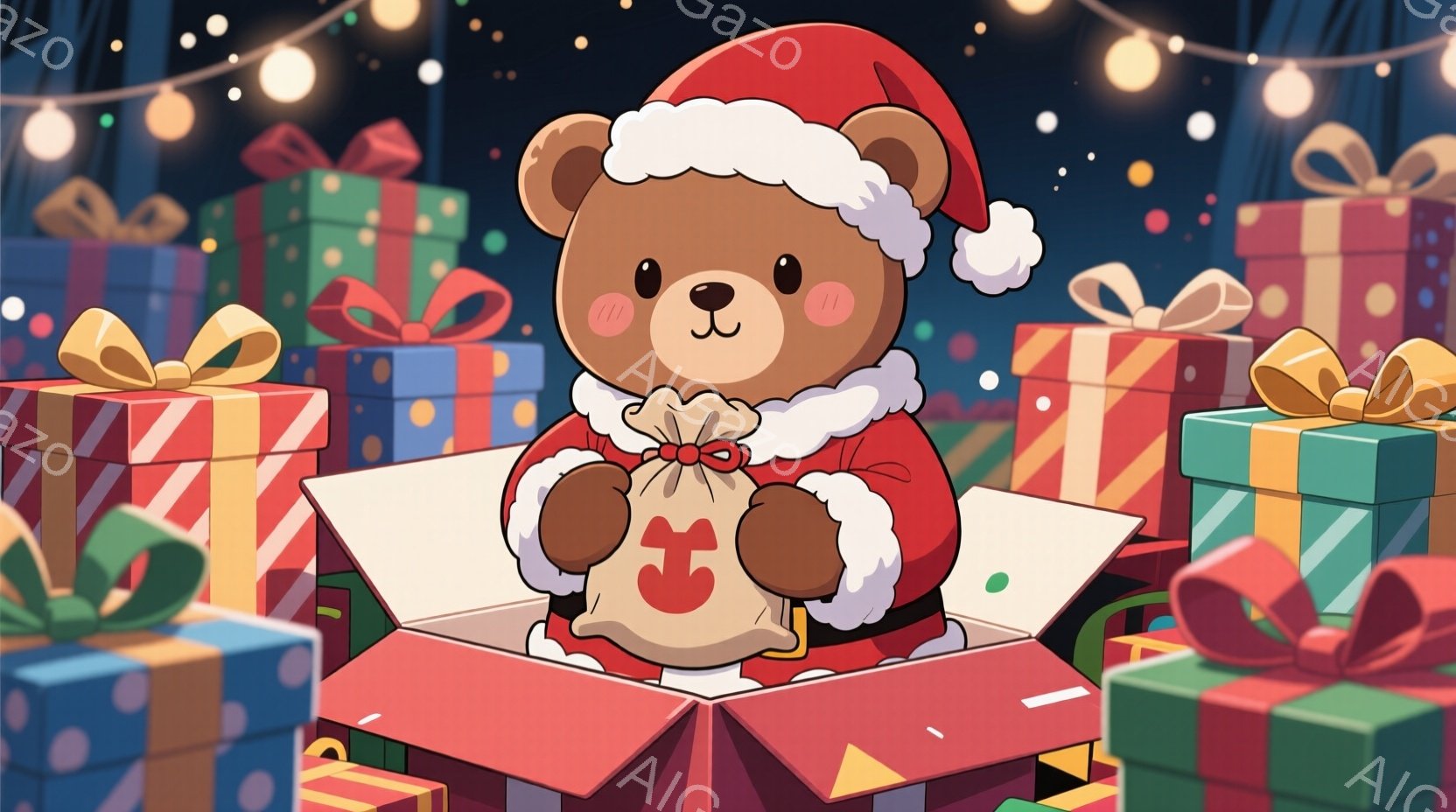 可愛らしいクマがサンタクロースの衣装を着て、プレゼントボックスの中から顔を出しています。赤い帽子と白い縁取りが特徴的で、小さな袋を抱え、嬉しそうな表情をしています。背景には様々な色のプレゼントボックス - AI生成フリー素材