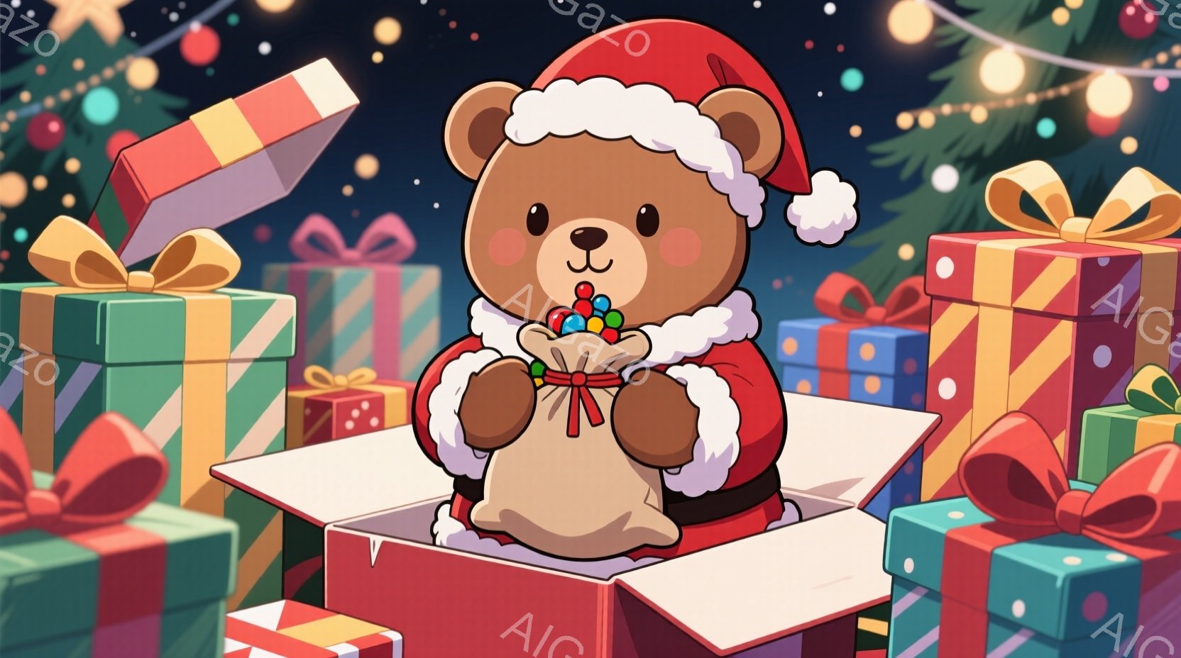 チョコレート色のクマが、サンタクロースの衣装を着てプレゼントボックスの中から顔を出しています。クマは笑顔で、小さな袋いっぱいのカラフルなキャンディを持っています。背景には、リボンで飾られたカラフルなプ - AI生成フリー素材