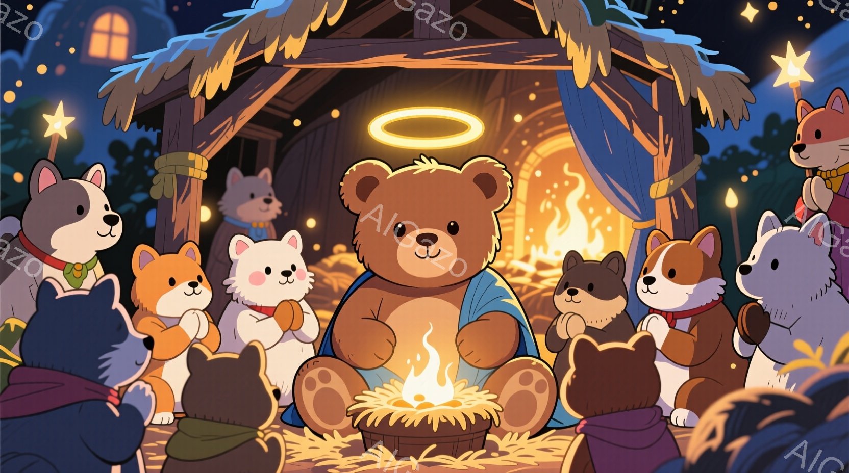 暖炉を囲んで座る、様々な種類の犬とクマのイラストです。クマは青い布をまとい、頭上に光輪が輝き、祈るような姿勢をとっています。背景には、藁葺き屋根の簡素な建物と、夜空に輝く星が散りばめられており、温かく幻想的な雰囲気を醸し出しています。