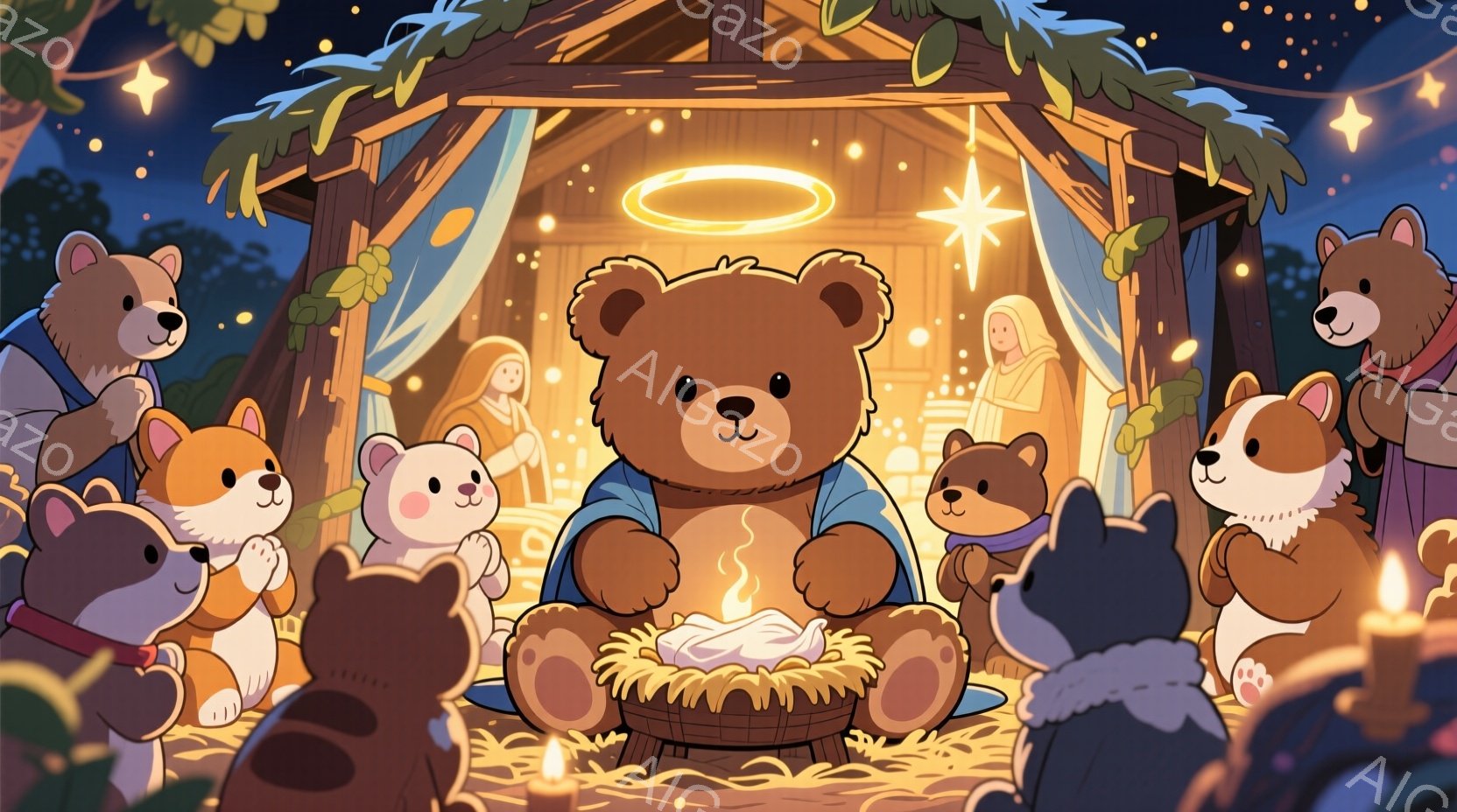 温かい光に包まれた厩舎の中で、様々な動物たちが集まって、生まれたばかりの赤ちゃんを慈しんでいます。中央のクマは青いローブをまとい、優しい表情で赤ちゃんを見つめており、他の動物たちは跪いたり、立ち上がったりしながら、崇拝の念を表しています。背景には星が輝き、全体的に穏やかで神聖な雰囲気が漂っています。
