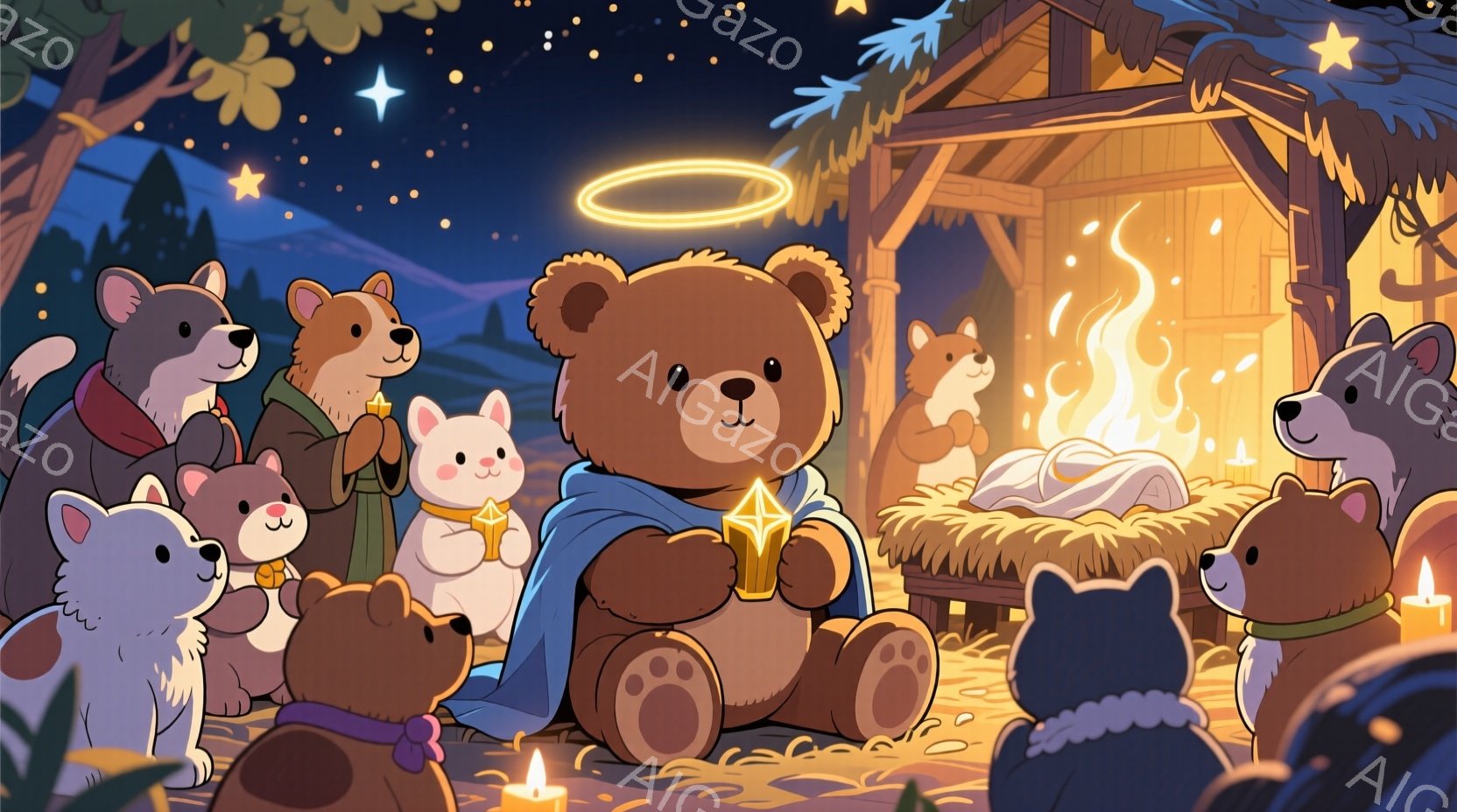 暖炉の光が差し込む馬小屋の中で、様々な種類の犬とクマたちが集まり、幼い赤ちゃんを囲んでいます。中央のクマは青いマントをまとい、黄金の光を放つ小さな宝箱を持って座り、優しい表情を浮かべています。背景には暗い森が広がり、星空が輝き、全体的に温かく、希望に満ちたクリスマスの雰囲気が漂っています。