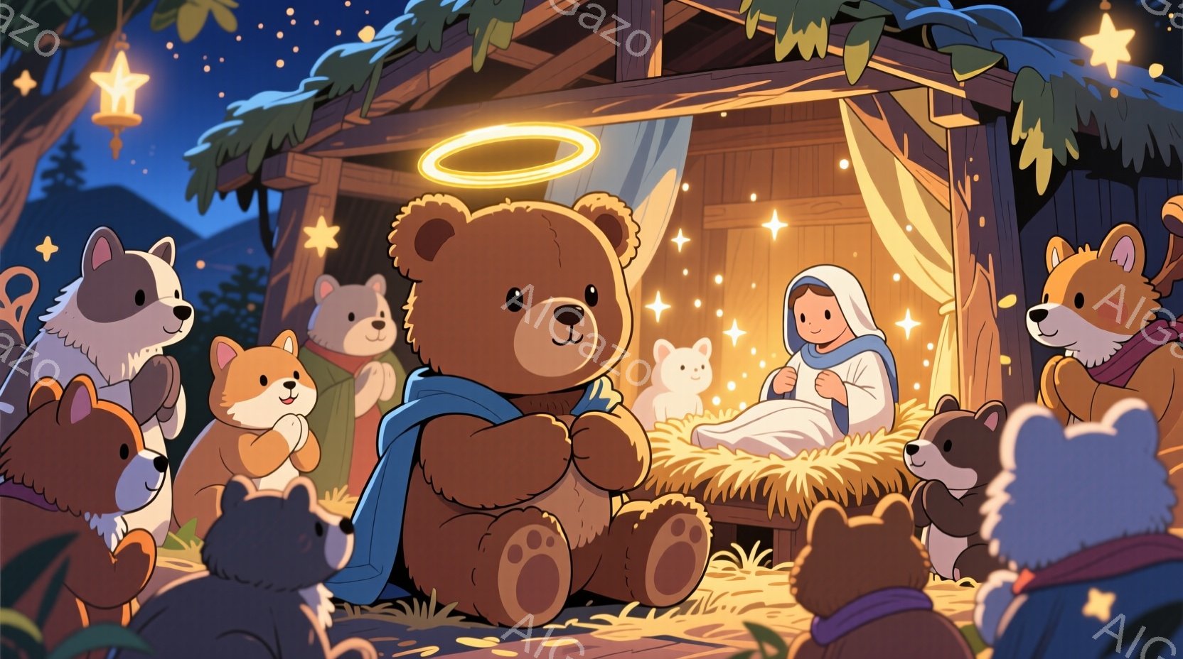 納屋の中には、幼いイエスを抱いた女性が横たわっており、周囲には様々な種類の犬やテディベアが取り囲んでいます。女性は白い頭巾を被り、祈るように手を合わせており、穏やかな表情を浮かべています。背景には雪景色が広がり、星空の下、納屋全体が暖かく優しい光に包まれています。