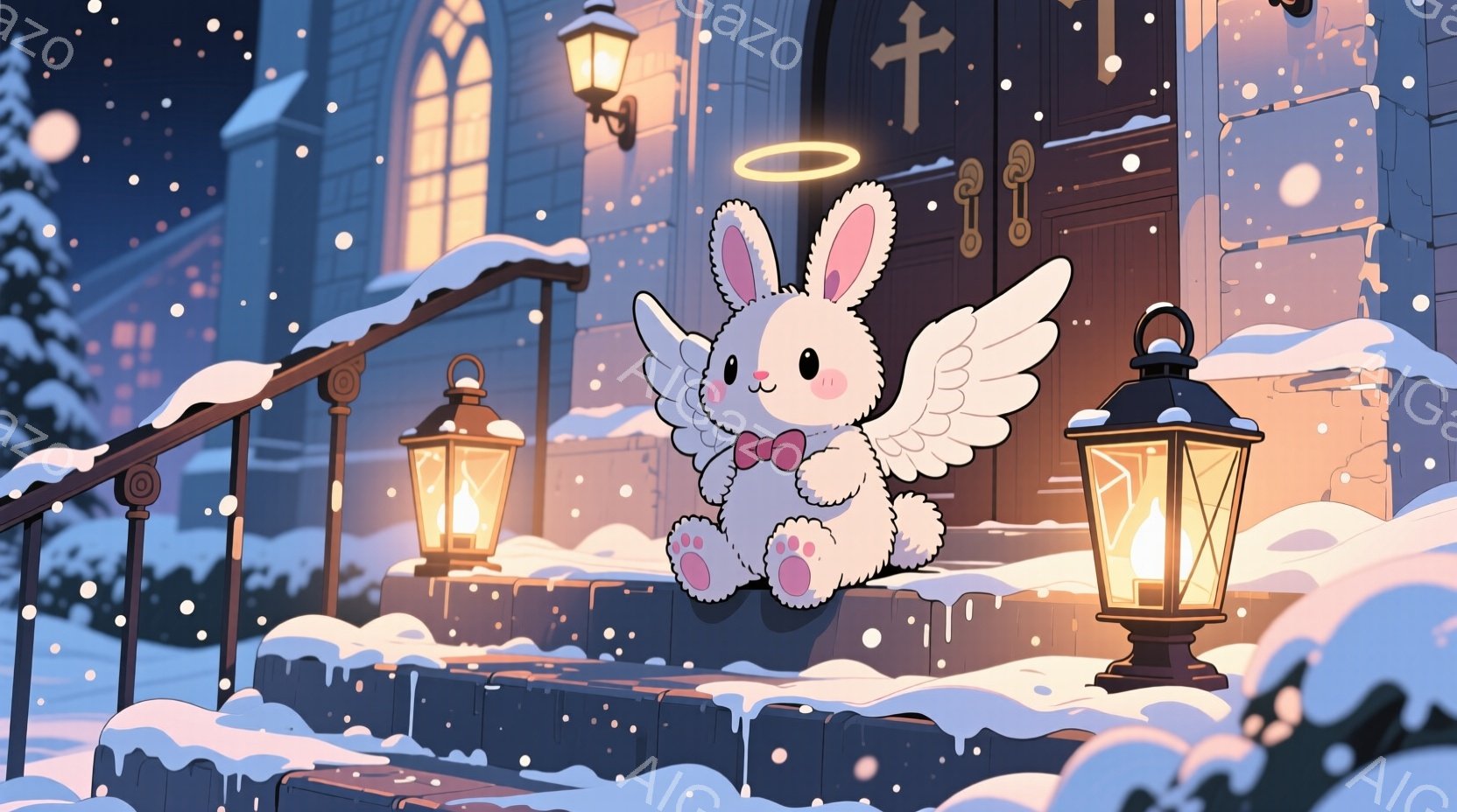 雪が降る夜の教会の前に、白い子ウサギが立っている。天使の羽と光輪を身につけ、赤いリボンをつけている可愛らしい姿は、まるでクリスマスの飾り付けのようだ。背景には雪に覆われた教会と暖かく光るランタンがあり、静かで幻想的な雰囲気を醸し出している。