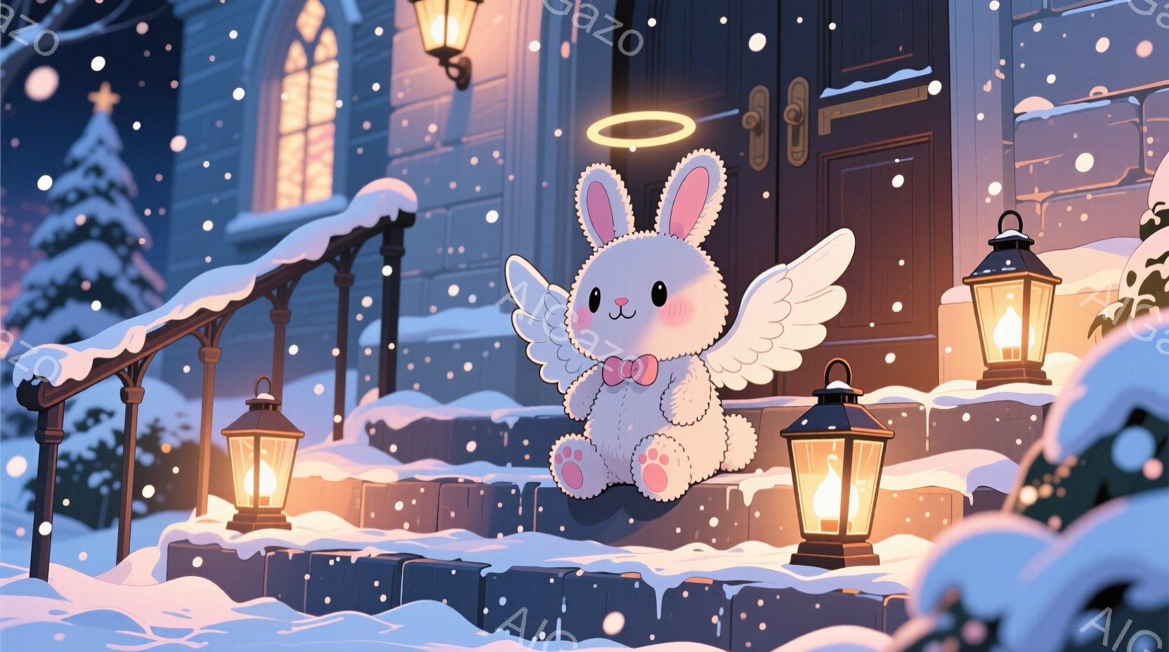 雪が舞う夜の階段に、天使の羽を持つ白いウサギが座っています。ウサギはピンクの足と赤いリボンをつけ、穏やかな表情で正面を見ています。背景には、雪で覆われた建物と灯りがともったランタンがあり、温かく幻想的な冬の夜の雰囲気を醸し出しています。