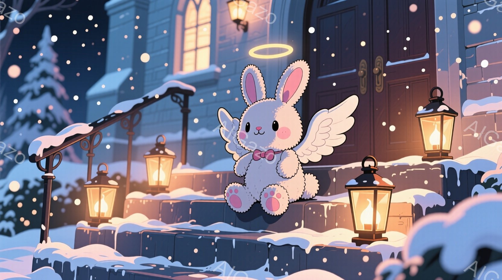 雪が降る夜、階段に座っている小さな白いウサギが描かれています。ウサギは翼と天使の輪を持っており、首にはピンクのリボンをつけています。背景には、灯りが灯った建物があり、クリスマスの雰囲気を感じさせます。