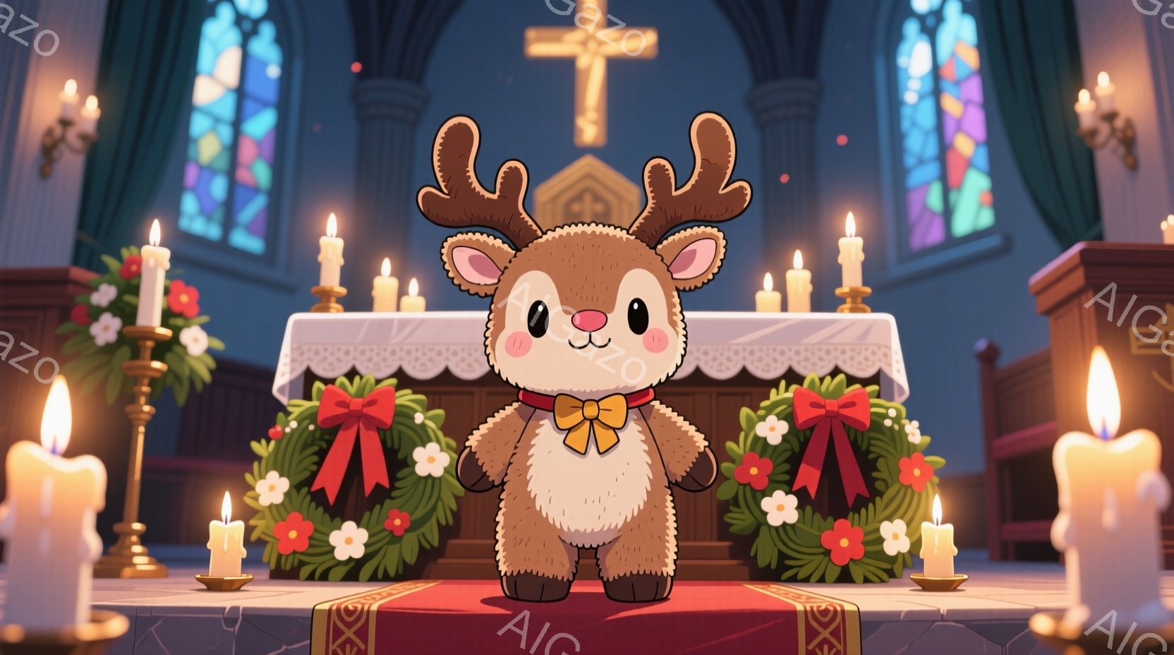 茶色のクマのぬいぐるみは、翼と赤いリボンをつけて空を飛んでいます。背景には、雪に覆われた教会と輝くイルミネーション、そして雪が降る夜空が広がっています。全体的に、温かく幻想的なクリスマスの雰囲気が漂っ - AI生成フリー素材