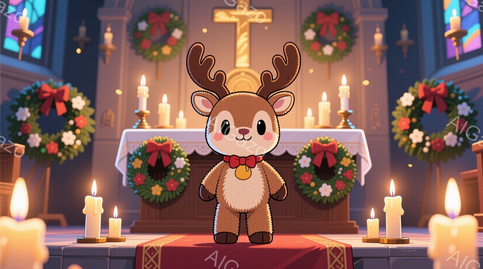 教会の中でトナカイのキャラクターが立っています。トナカイは赤い蝶ネクタイと金色のペンダントをつけており、顔は可愛らしい表情をしています。背景には、クリスマスリースで飾られた祭壇、点灯されたキャンドル、 - AI生成フリー素材