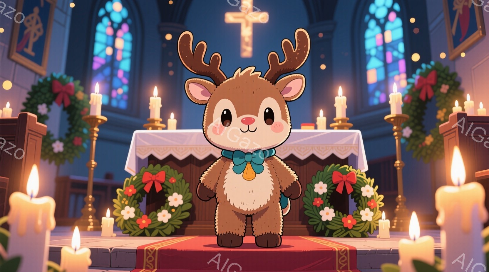 教会の中で、かわいらしいトナカイのキャラクターが描かれています。トナカイは青い蝶ネクタイをつけ、穏やかな笑顔で正面を見つめており、赤い絨毯の上に立っています。背景には、ステンドグラスやキャンドル、クリスマスリースが飾られた祭壇があり、温かく幻想的な雰囲気を作り出しています。
