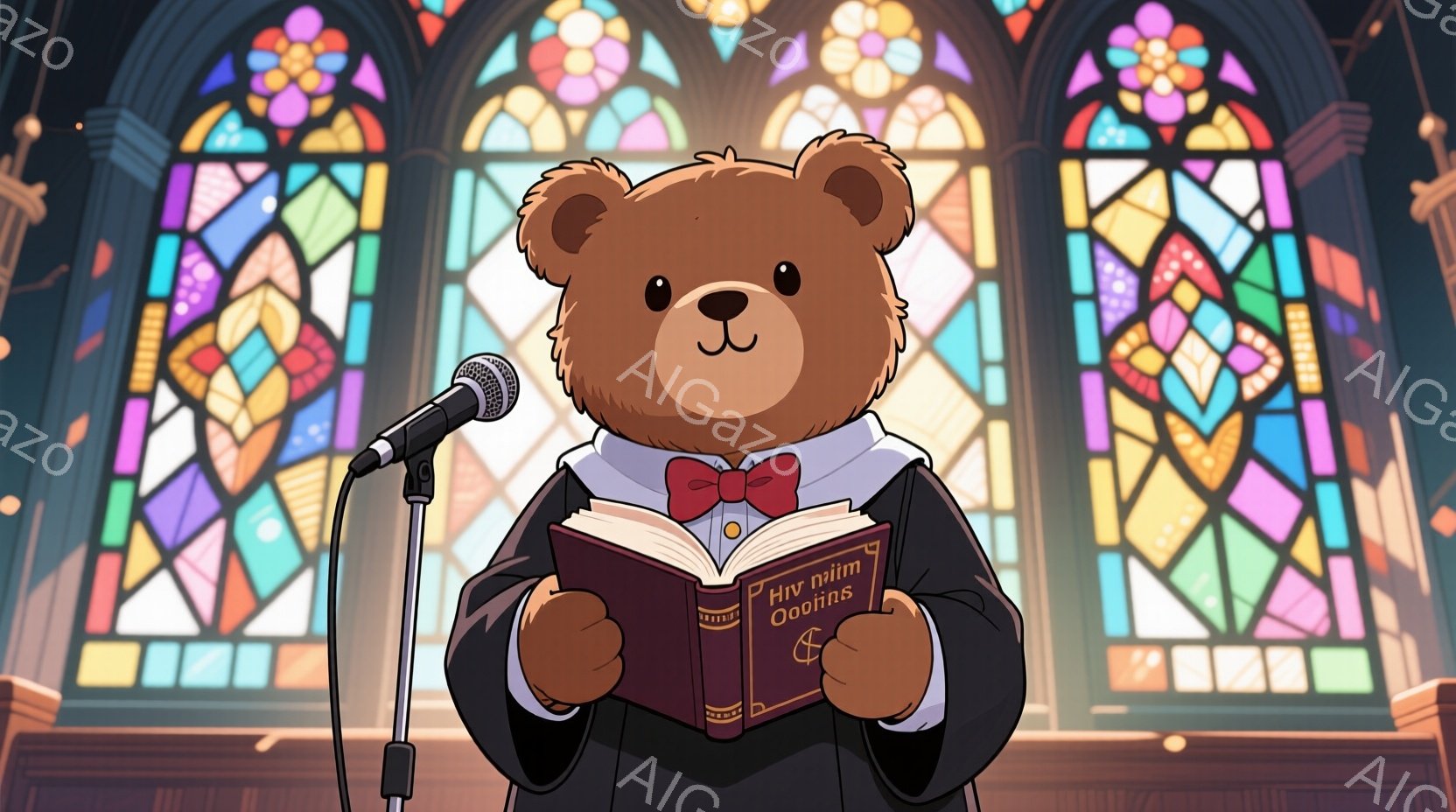 暖かく茶色のクマが、黒いスーツと赤い蝶ネクタイを着て、演壇の前で本を読んでいます。クマは真剣な表情で、マイクに向かって話しているようにも見えます。背景には、鮮やかなステンドグラスの窓があり、荘厳な雰囲気の教会のような場所です。