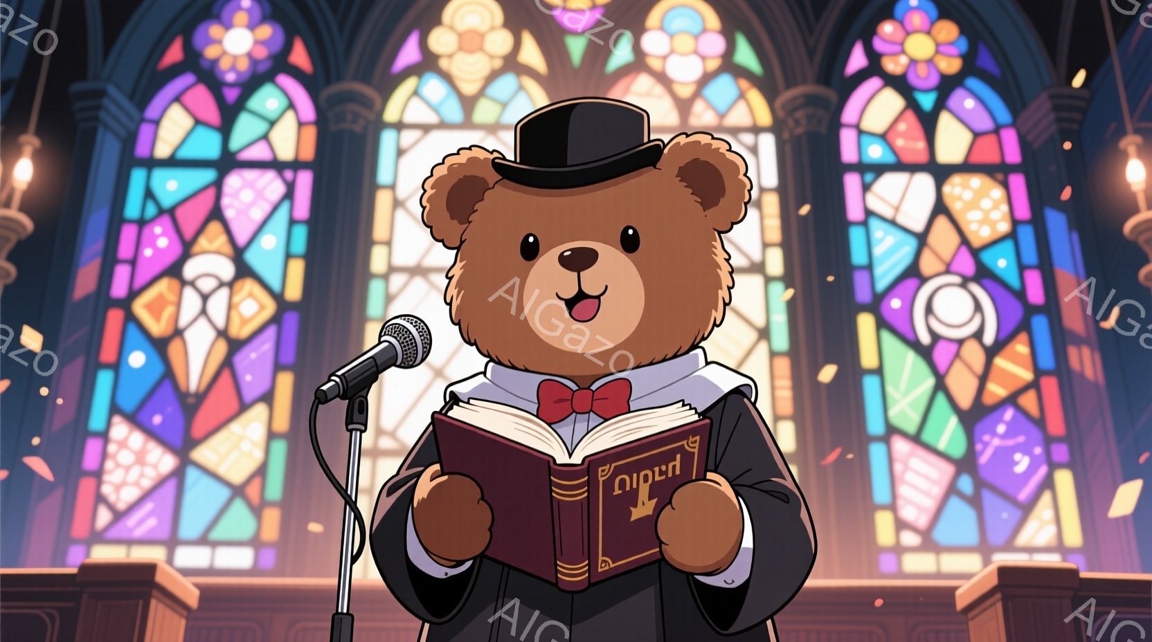 茶色のテディベアが、黒いシルクハットと赤い蝶ネクタイ、そして黒いスーツを上品に着こなしています。両手を広げ、開いた本を見つめ、口元は微笑んでいます。背景にはステンドグラスが輝き、豪華な教会の内部の様子 - AI生成フリー素材