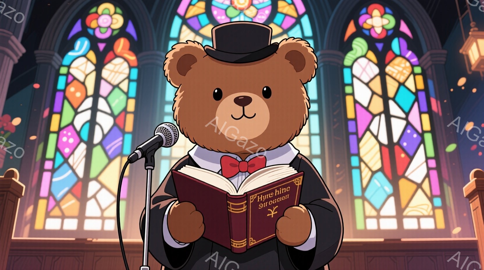熊のキャラクターが、黒い帽子と赤い蝶ネクタイをつけ、黒いジャケットを着ています。彼は演壇の前に立ち、開いた本を手に持ち、マイクに向かって話しているようです。背景にはステンドグラスの窓があり、神聖で落ち着いた雰囲気です。