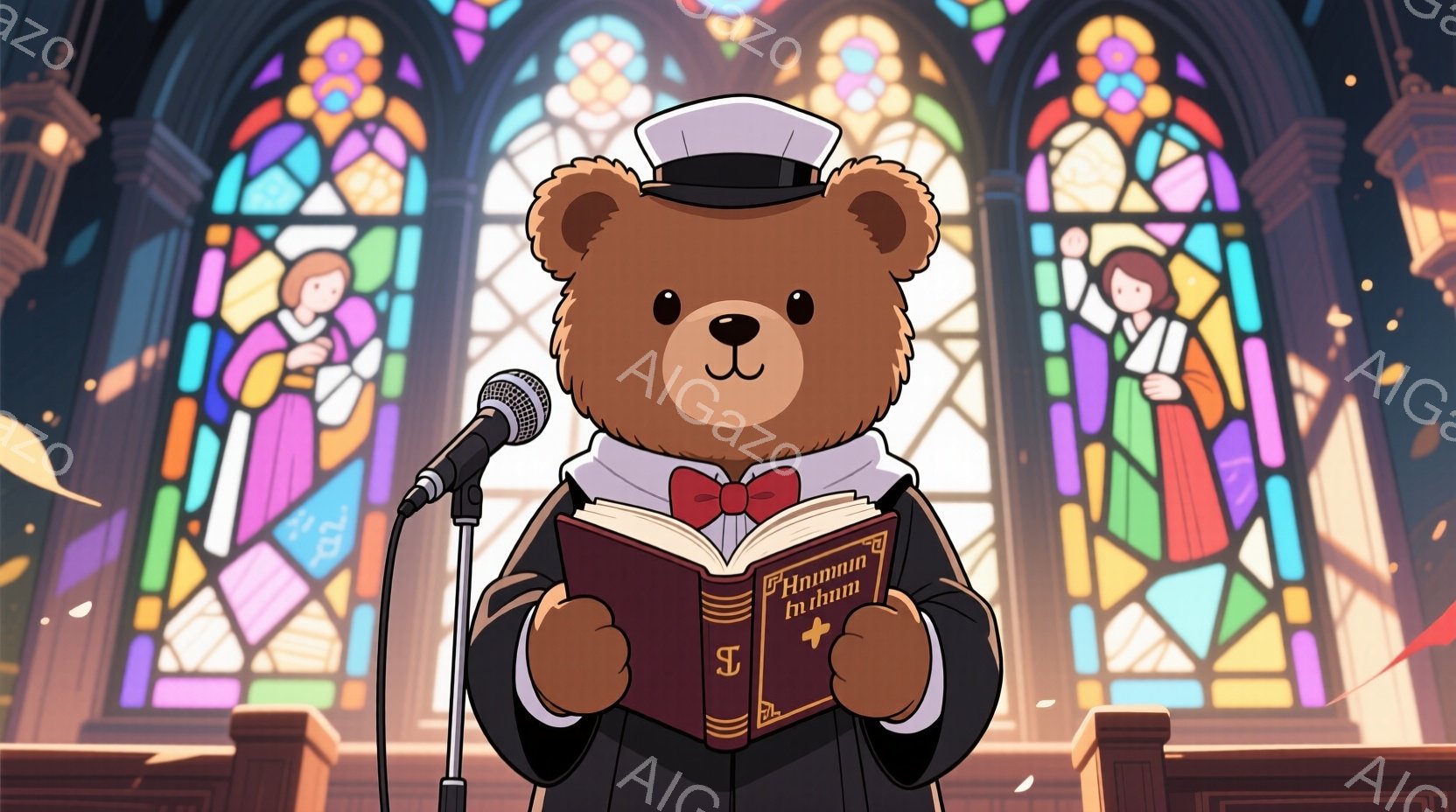 茶色のテディベアが、黒いスーツ、赤い蝶ネクタイ、白いシャツを着て、説教壇で本を読んでいます。背景にはステンドグラスの窓があり、虹色の光が差し込み、厳かで荘厳な雰囲気を醸し出しています。テディベアは真剣 - AI生成フリー素材