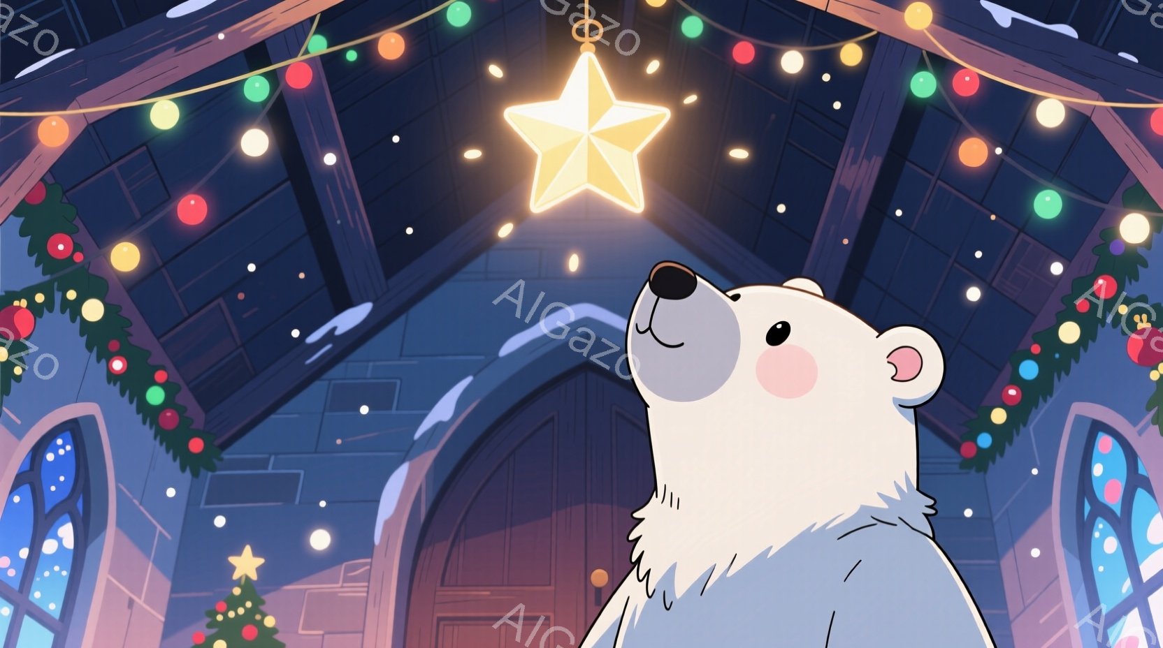白い熊が、装飾された教会の内部を見上げています。教会のアーチにはカラフルな電飾が施され、天井からは大きな星型のライトが吊り下げられています。背景にはステンドグラスの窓が見え、全体的に暖かく、祝祭的な雰囲気が漂っています。