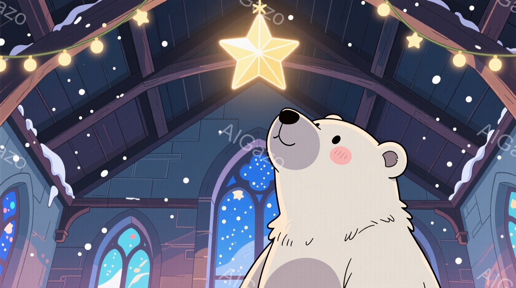 白い熊が上を見上げています。背景には、ステンドグラスの窓と星の飾り、そして輝く大きな星があり、まるで教会の内部のような空間です。全体的に、暖かく幻想的な雰囲気が漂っています。