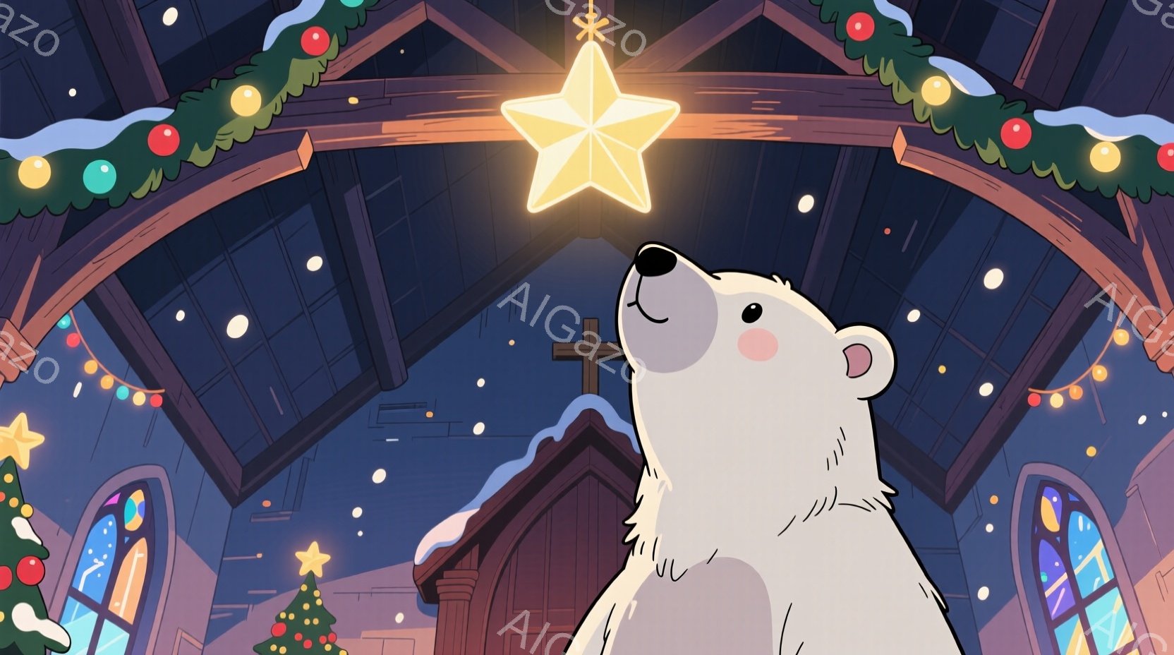 白い熊が顔を上に向けて星を見上げています。背景にはクリスマスの装飾が施された建物と雪が降る夜空が広がっており、温かく幻想的な雰囲気が漂っています。建物にはステンドグラスの窓があり、星の光が反射して美しい輝きを放っています。