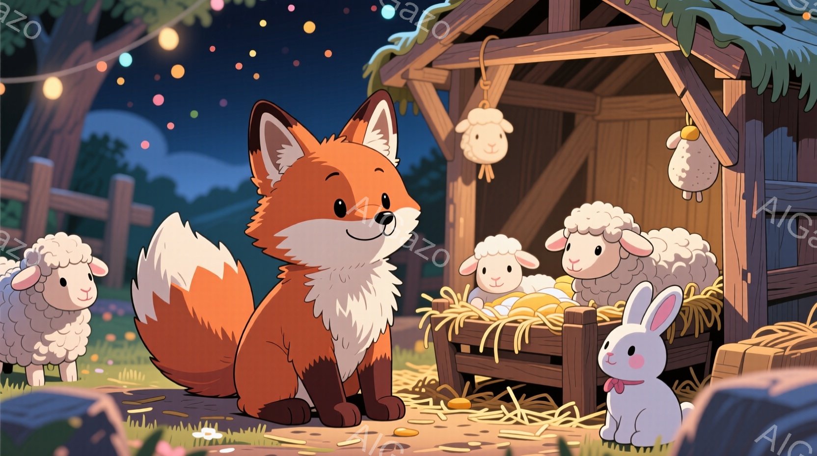 広場には、オレンジ色のキツネが誇らしげに座り、白い羊たちが周囲に集まっています。背景には木製の柵と藁が敷かれた場所があり、吊り下げられた白い羊の飾りと電球が夜空を照らしています。全体的に、暖かく、牧歌的な雰囲気で、夜の農場を表現しています。