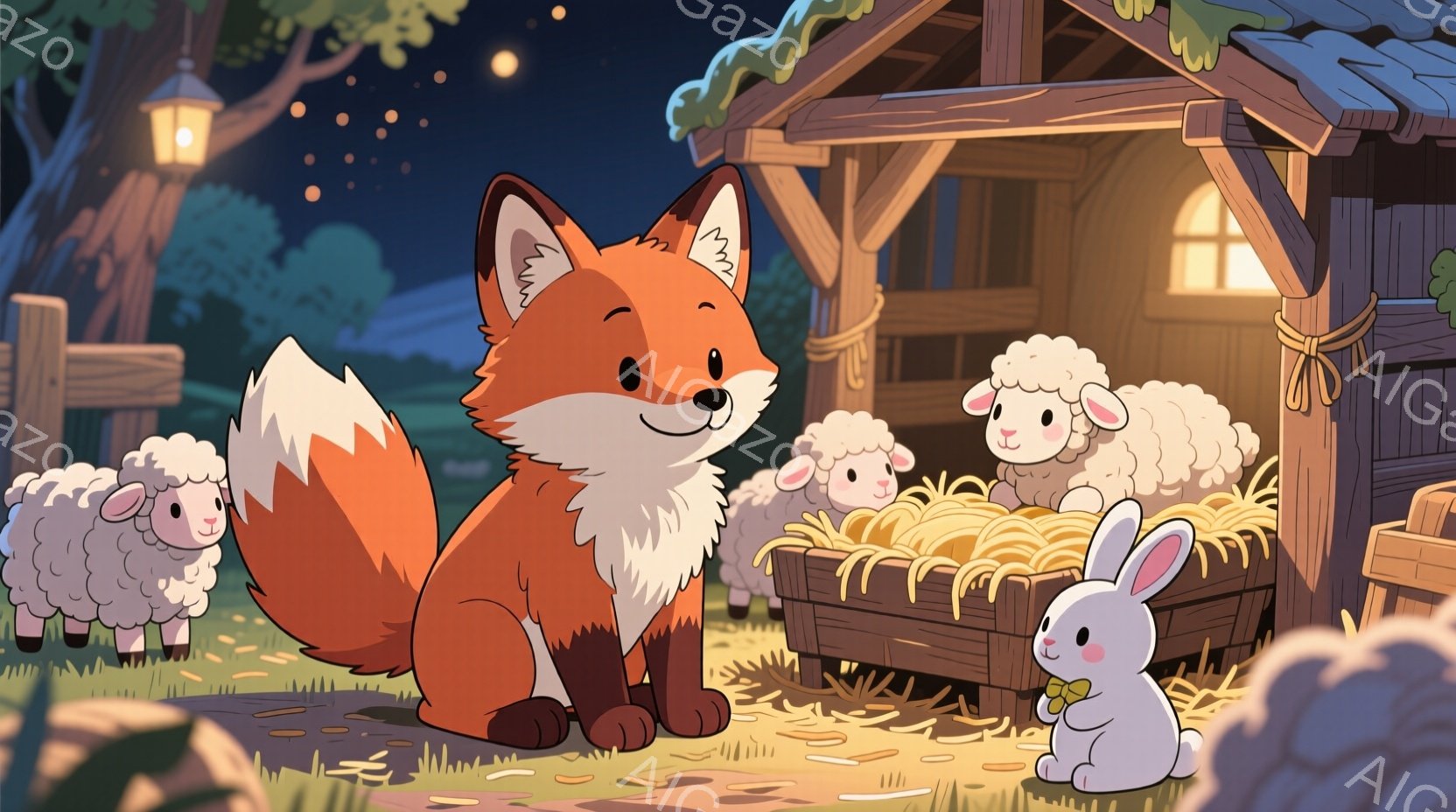 広場には、オレンジ色のキツネが座っており、その周りには白い羊たちが集まっています。キツネは穏やかな表情で、羊たちは楽しそうに干し草の山に囲まれています。背景には木製の小屋があり、暖色の光が灯っており、穏やかで牧歌的な雰囲気を醸し出しています。