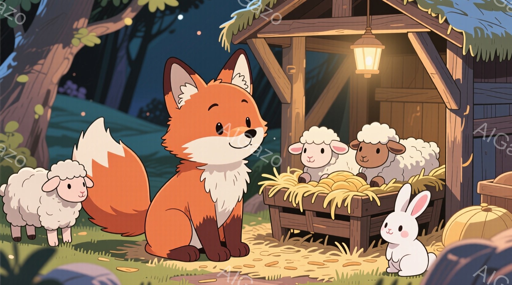 明るいオレンジ色の狐が、藁が敷かれた木製の台の前に座り、穏やかな表情で正面を見つめています。周りには、ふわふわの白い羊が数匹と、小さな白いウサギが寄り添い、秋らしい背景にはカボチャと木々が描かれています。暖かい光が灯された小屋と星空が、安らかで牧歌的な雰囲気を醸し出しています。