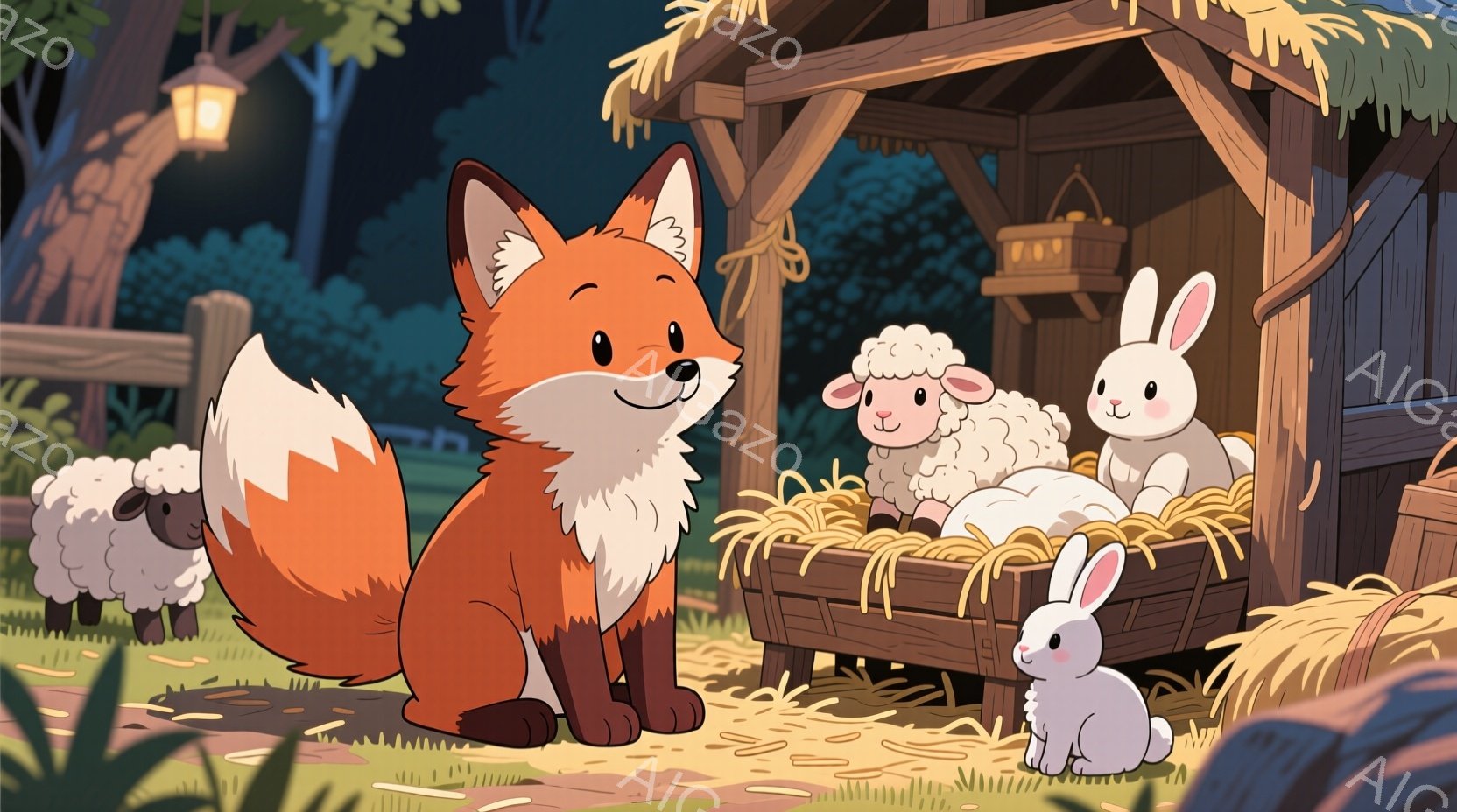 明るいオレンジ色のキツネが、藁の敷かれた囲いを見下ろしています。囲いの中には、ふわふわの白いヒツジと、可愛らしいウサギたちが寄り添って眠っています。背景には木々の緑が広がり、遠くには薄暗い建物が見え、夜の静かで温かい雰囲気が漂っています。