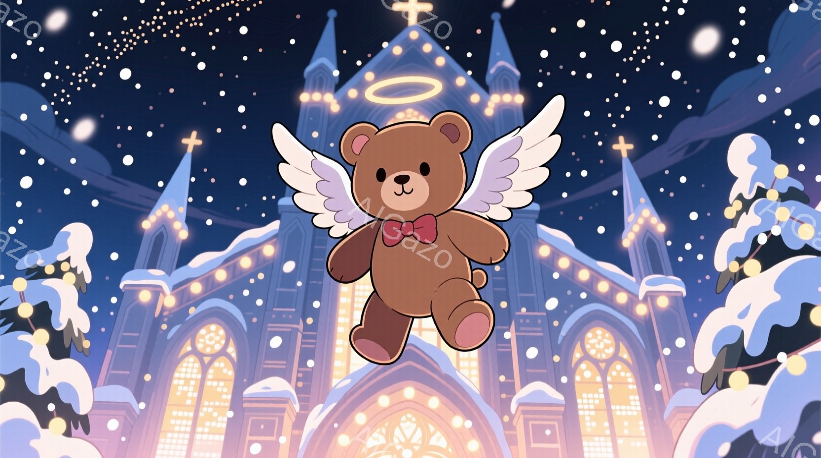 ぬいぐるみのような茶色のクマが、翼をつけて夜空を飛んでいます。背景には、ライトアップされたゴシック様式の教会と雪景色が広がっており、全体的に幻想的で温かい雰囲気が漂っています。雪が舞い降りており、教会 - AI生成フリー素材