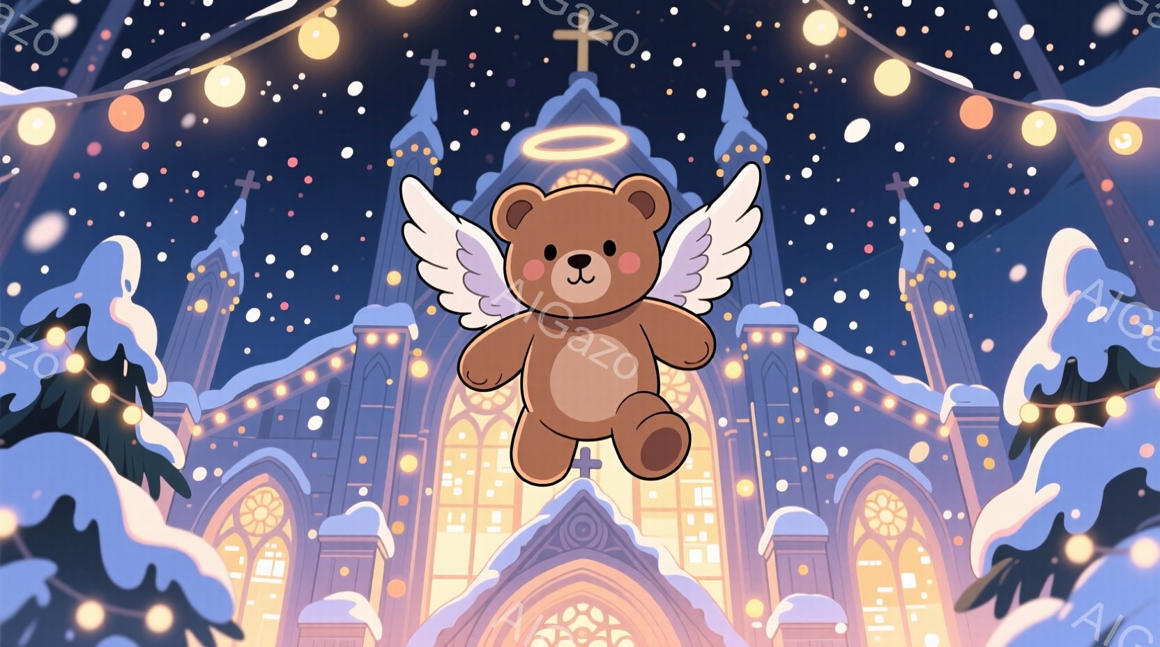 雪が降る夜、ステンドグラスの輝くゴシック様式の教会を背景に、翼が生えた愛らしい茶色のテディベアが空を飛んでいます。テディベアは幸せそうな表情で、クリスマスのイルミネーションが教会の周囲を彩り、冬の温かく幻想的な雰囲気を醸し出しています。雪に覆われた常緑樹が両側に配置され、全体的に心温まる、お祝いの雰囲気が漂います。