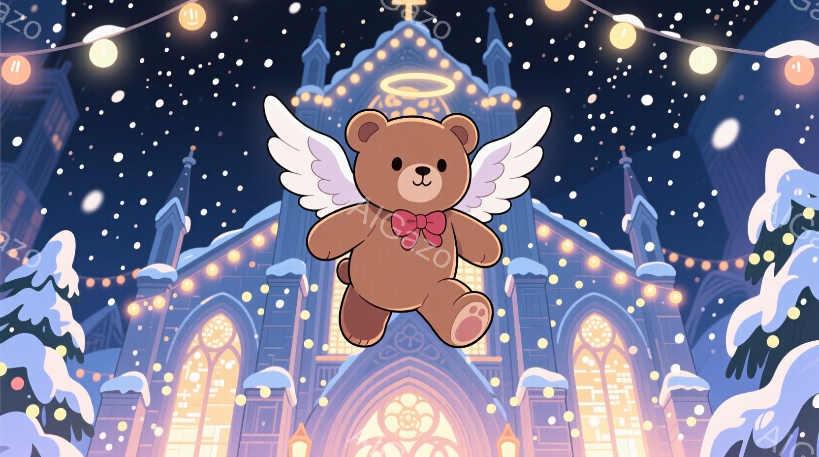 茶色のテディベアが翼を広げて空を飛んでいる。背景には雪景色の中にゴシック様式の教会が聳え立ち、イルミネーションが灯っている。全体的に温かく、ファンタジーのような、冬の夜の優しい雰囲気が漂っている。 - AI生成フリー素材