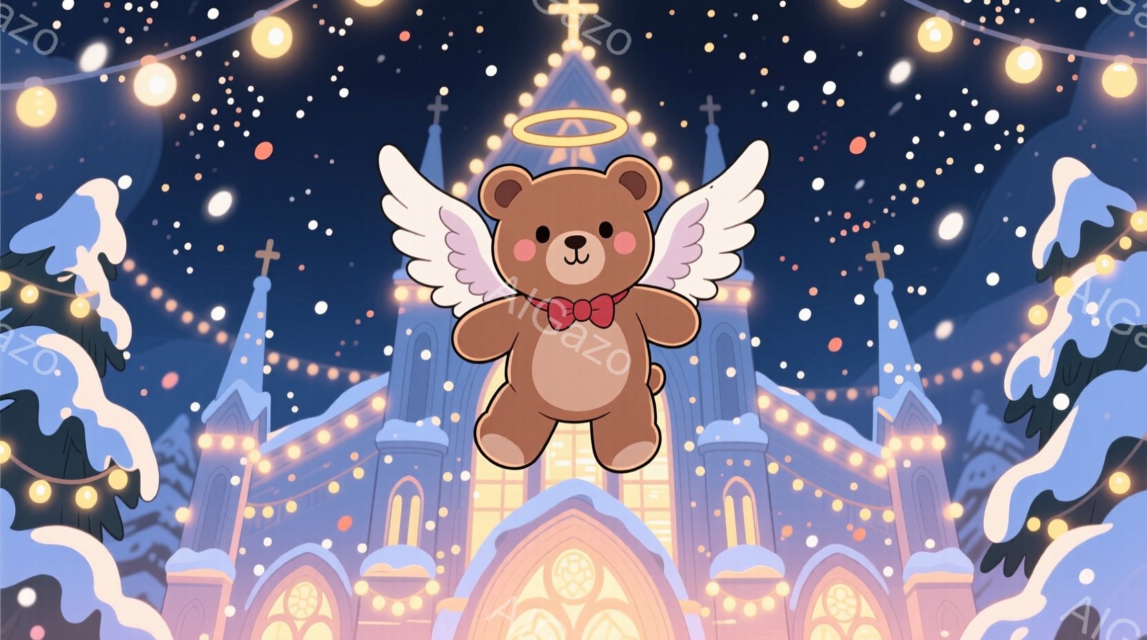 夜のクリスマスのスケープで描かれたキャンバスアート風のイラストです。主なキャラクターとして、兜合わせるように翼を持つ天使のようなデザインの玩具型ベリーベアが描かれています。ベリーベアは赤い髪のただ一つのボール状の髪、穏やかな表情、とっておくようなポジションをとっており、温かみがあります。冬のスケープは背景に現れ、街灯が雪の上に立っているように見えます。全体的に、クリスマスの魔法と奇跡を予測させる雰囲気があります。