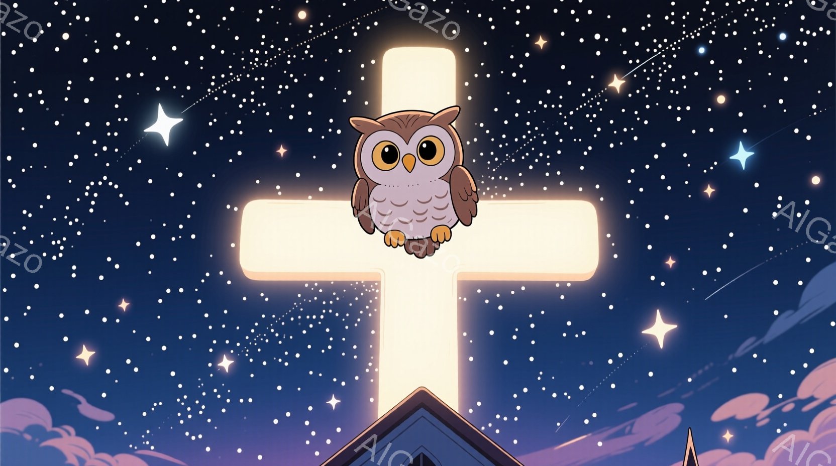 暗い青紫色の空に、無数の星が輝いています。白い十字架の頂上に、丸い目をした可愛らしいフクロウがちょこんと座り、前を見つめています。十字架の下には屋根の一部が見え、静かで幻想的な夜の雰囲気を醸し出しています。